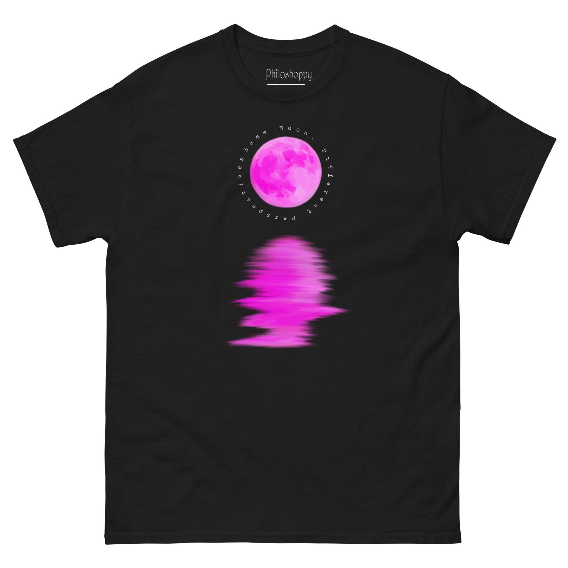 Black unisex Same Moon Different Perspective t-shirt featuring pink moon and water reflection design