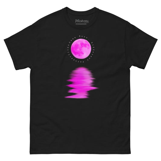 Black unisex Same Moon Different Perspective t-shirt featuring pink moon and water reflection design