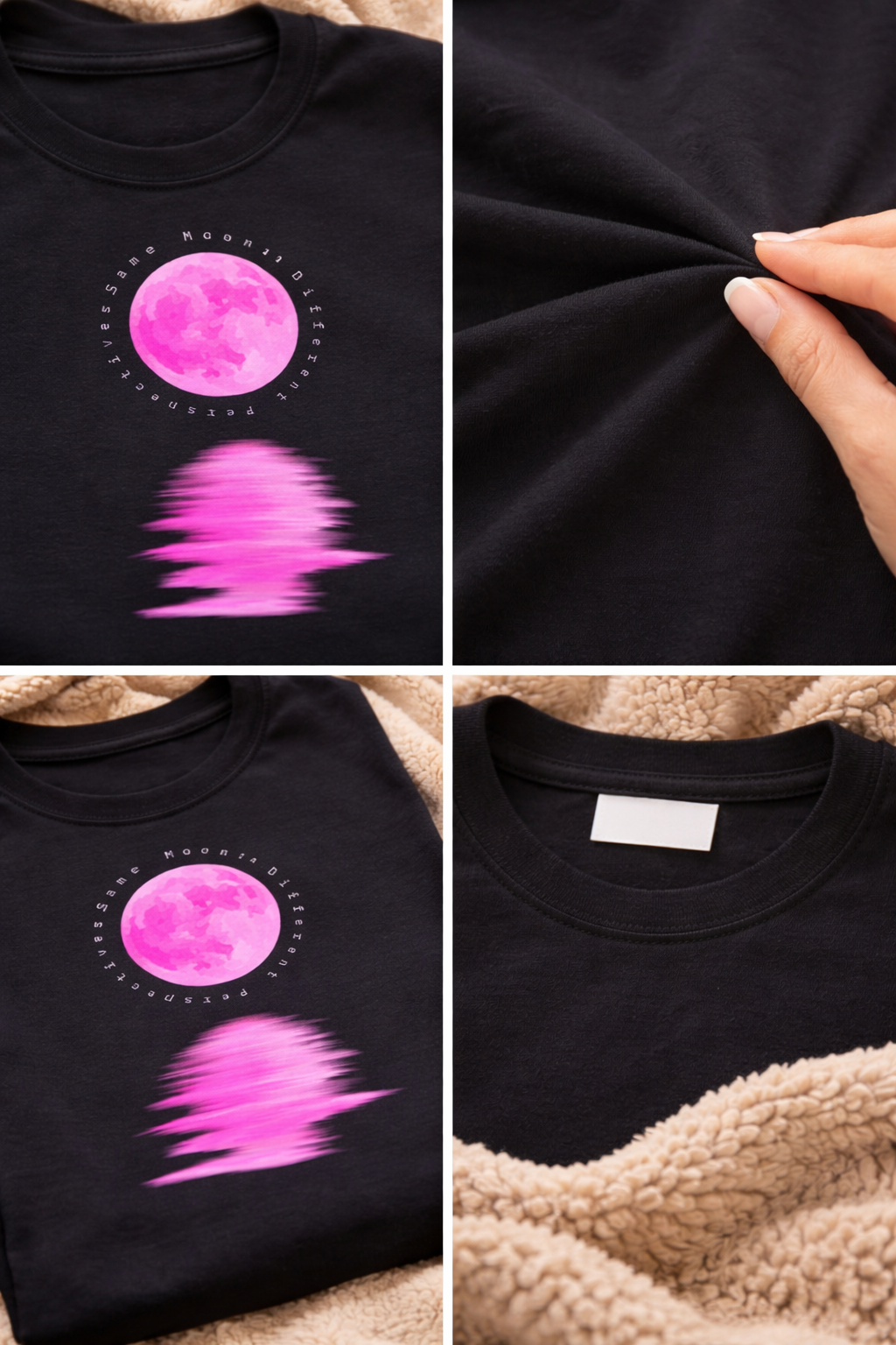 Close-up of moon reflection artwork showing print detail and texture on black fabric