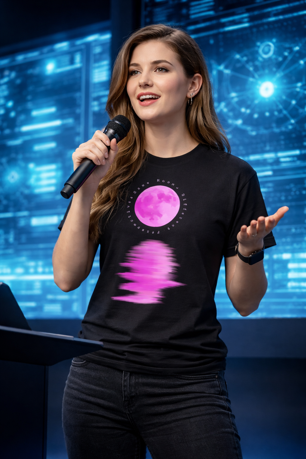 Woman speaking into a microphone wearing a black unisex lunar reflection graphic tee with "same moon different perspective" text
