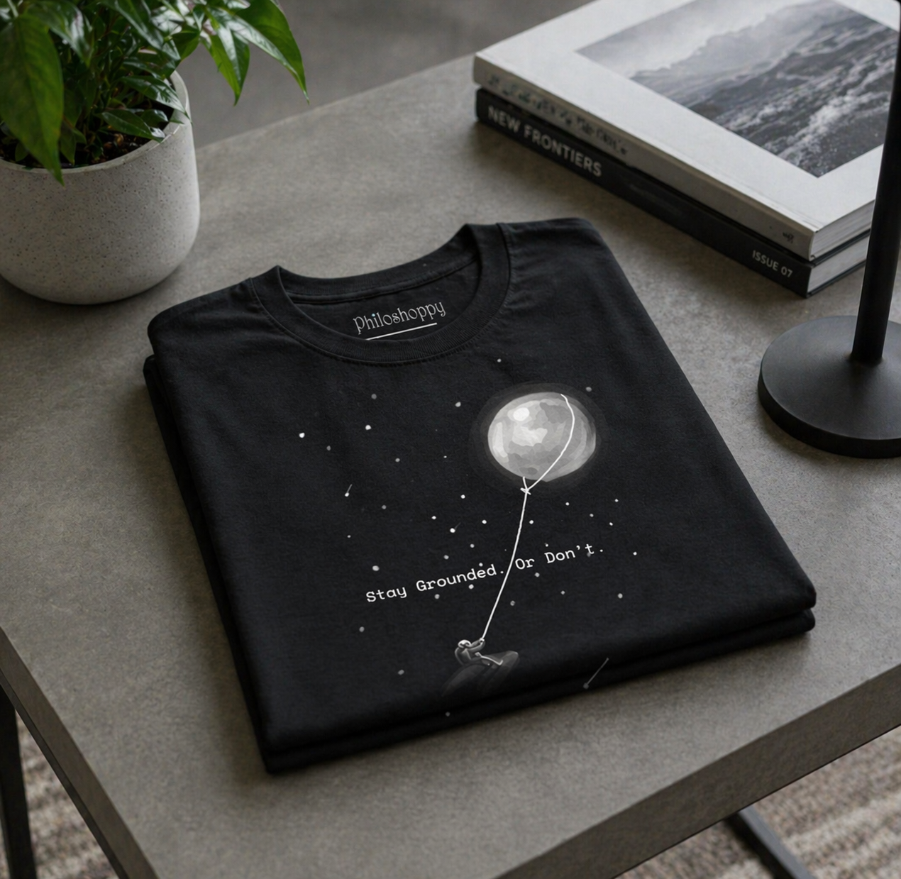 Folded black cotton t-shirt featuring astronaut and moon kite illustration on a gray surface with a plant and books in the background.