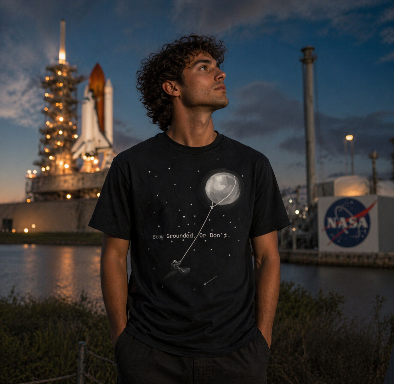 Person wearing a black t-shirt with a space-themed design in front of a NASA facility.