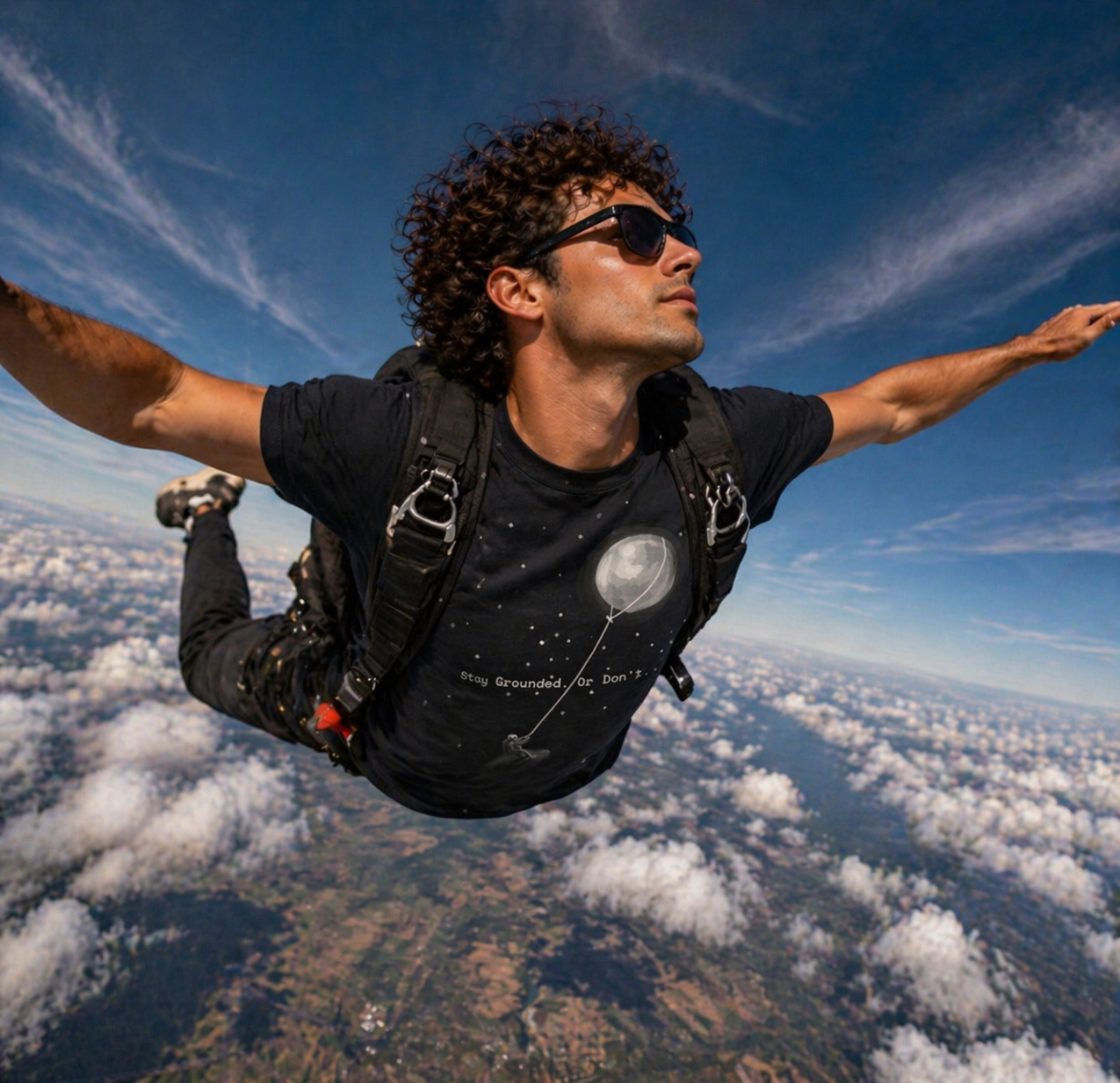 Person wearing black Stay Grounded astronaut t-shirt styled casually skydiving with a clear blue sky and clouds in the background