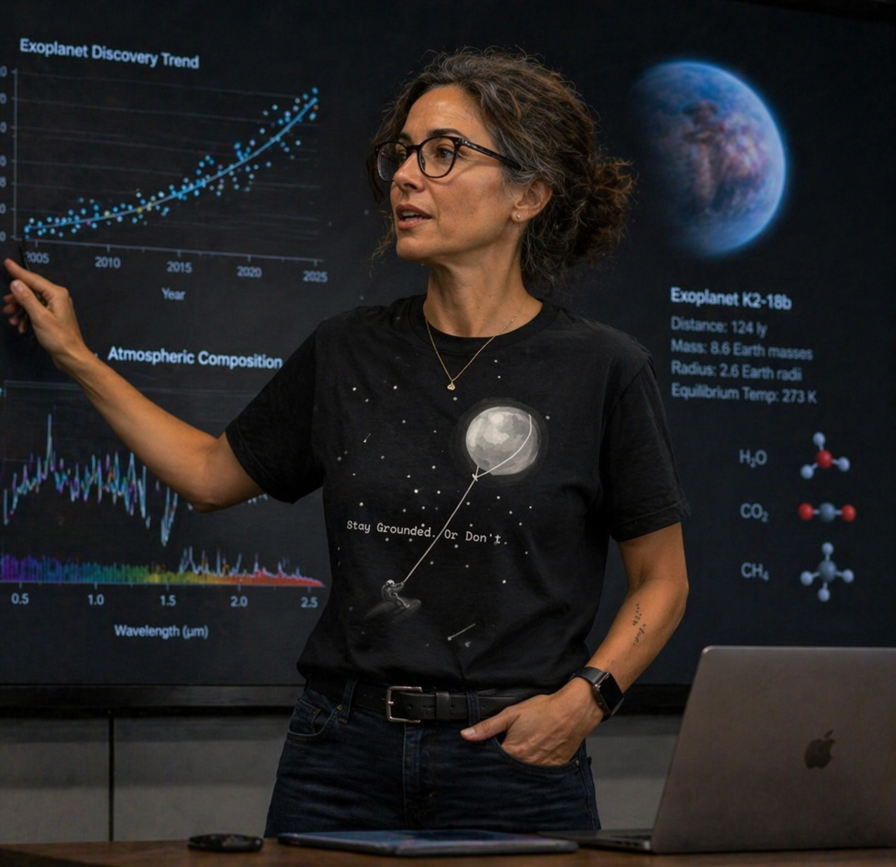 Person wearing a black unisex surreal space graphic tee, standing in front of a screen displaying scientific data and graphics.