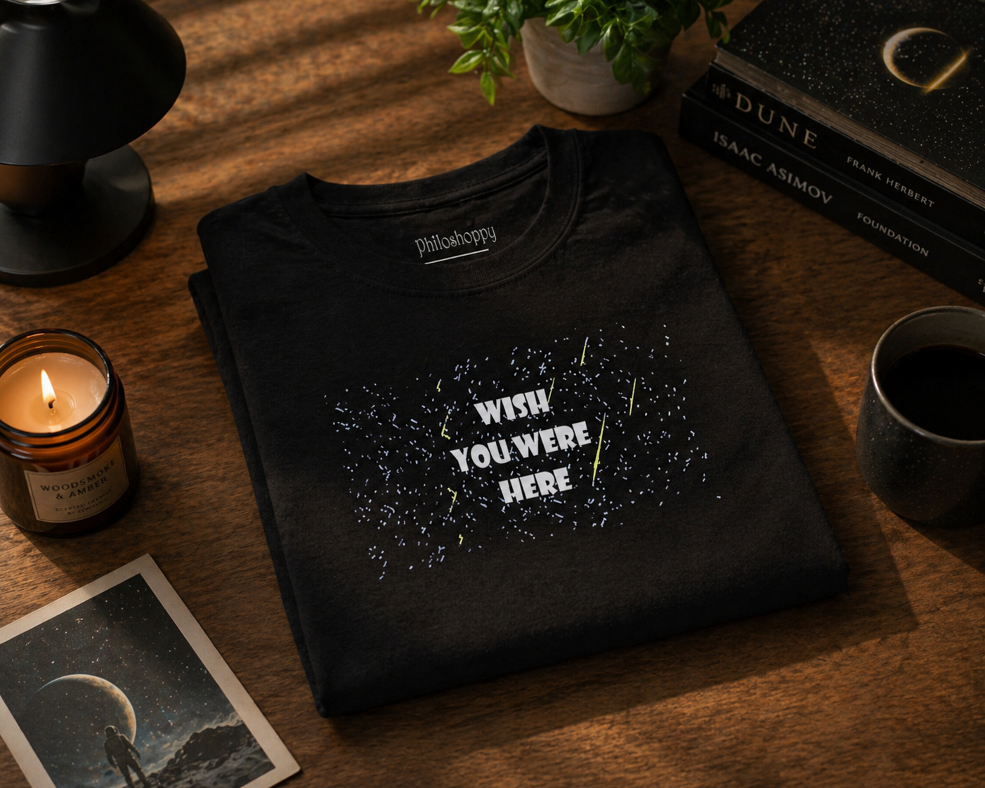 Folded black cotton t-shirt featuring starry sky illustration and Wish You Were Here text