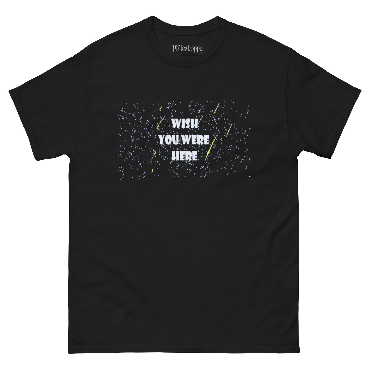 Black unisex Wish You Were Here t-shirt featuring falling stars across a night sky design