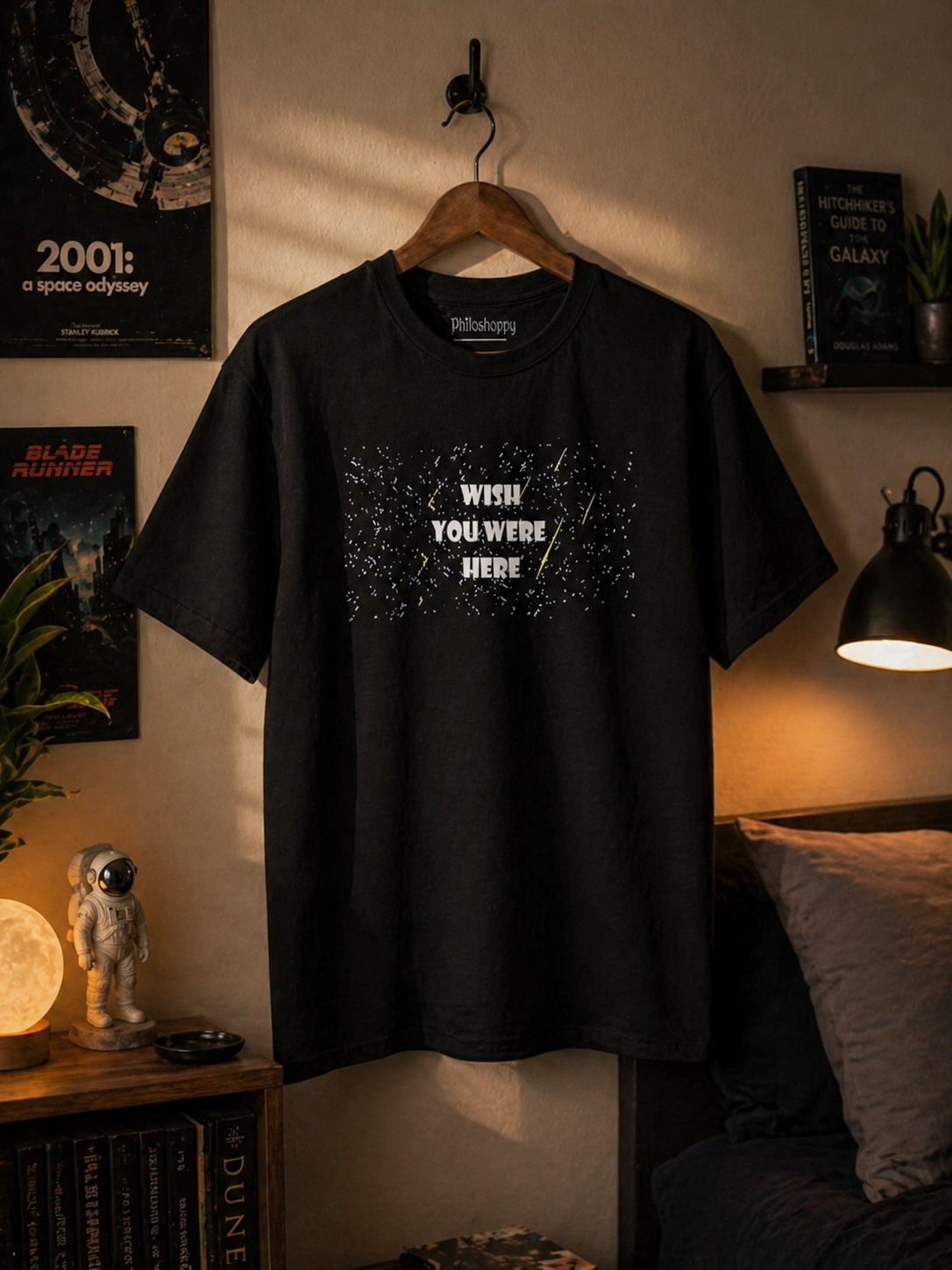 Black t-shirt with 'Wish You Were Here' text on a hanger in a room setting.