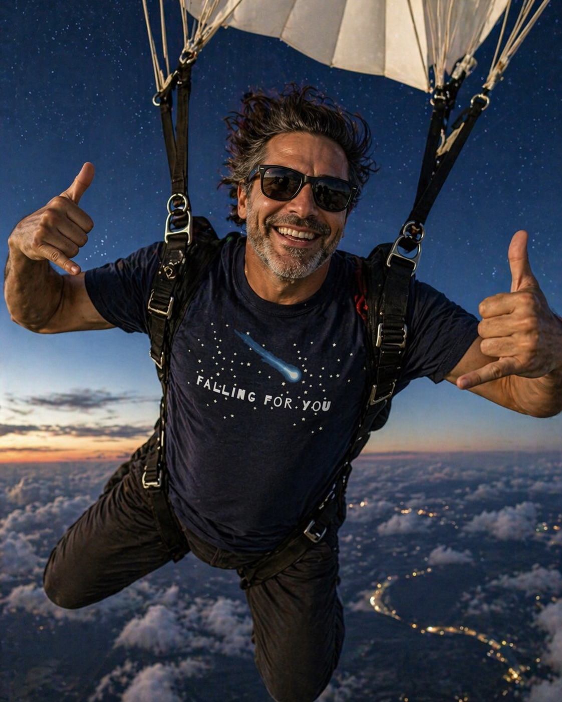 Person skydiving with thumbs up, wearing navy Falling For You comet graphic t-shirt styled casually, against a backdrop of clouds and sunset.