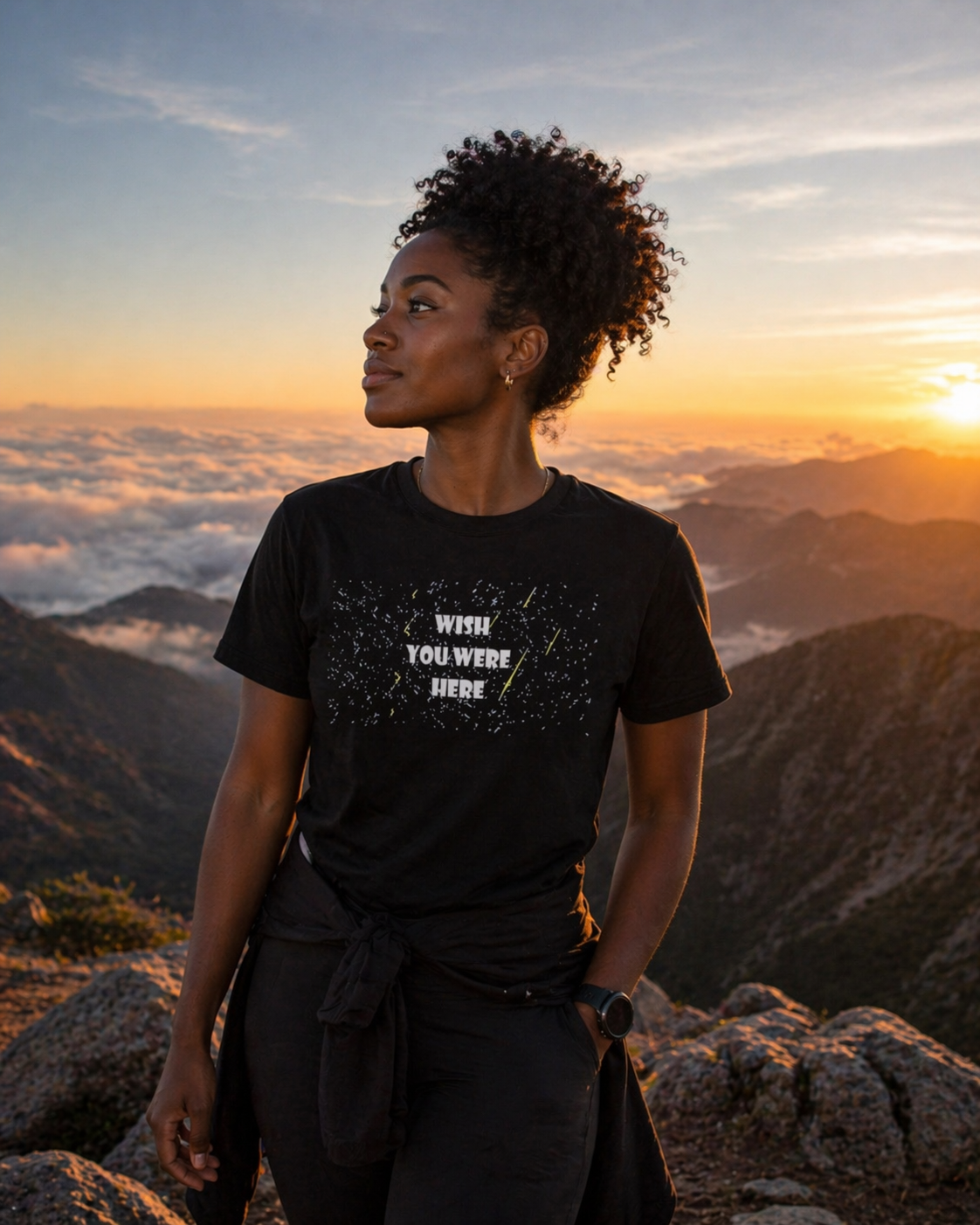 Woman wearing black unisex night sky tee with "wish you were here" text, with relaxed fit and cosmic styling, standing on a mountain at sunset.