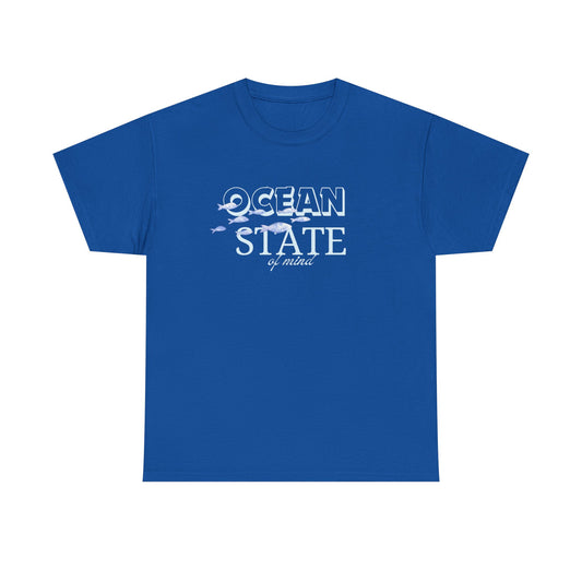 Royal blue cotton T-shirt from Philoshoppy with a minimal ocean-inspired design and the phrase 'ocean state of mind', representing calm, clarity, and sea-connected lifestyle.