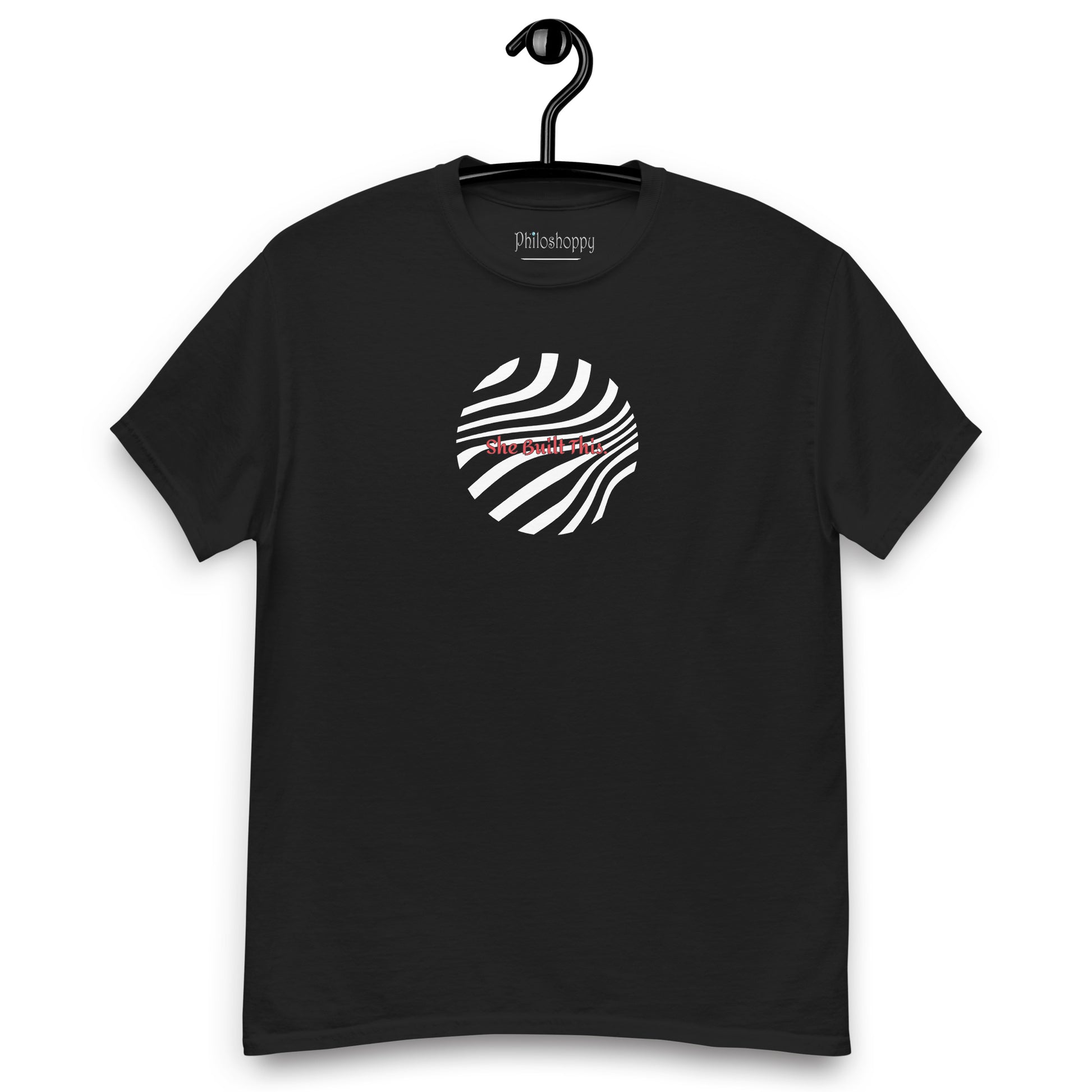 Front view of black unisex cotton T-shirt with minimal “She Built This” text design.