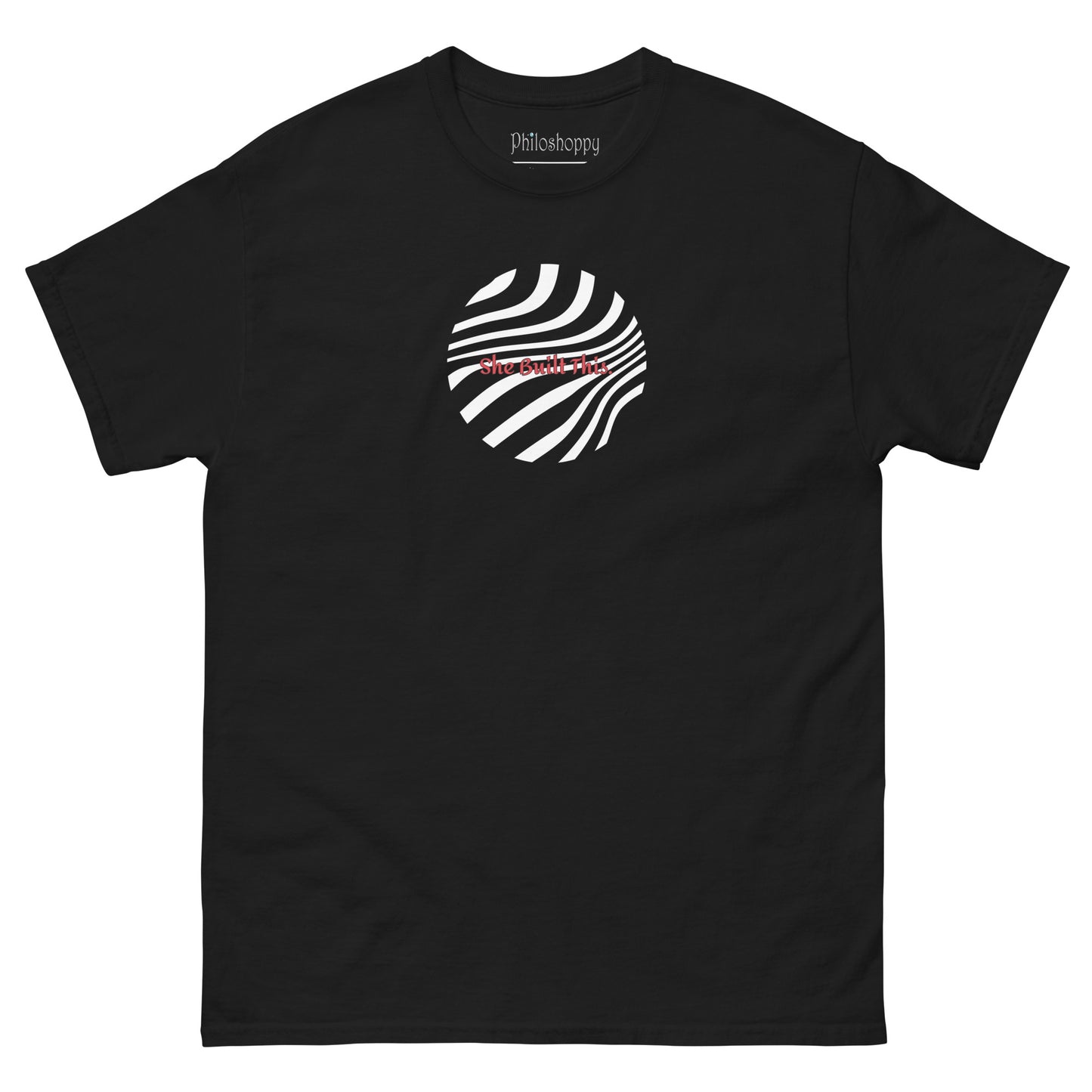 Front view of black unisex cotton T-shirt with minimal “She Built This” text design.
