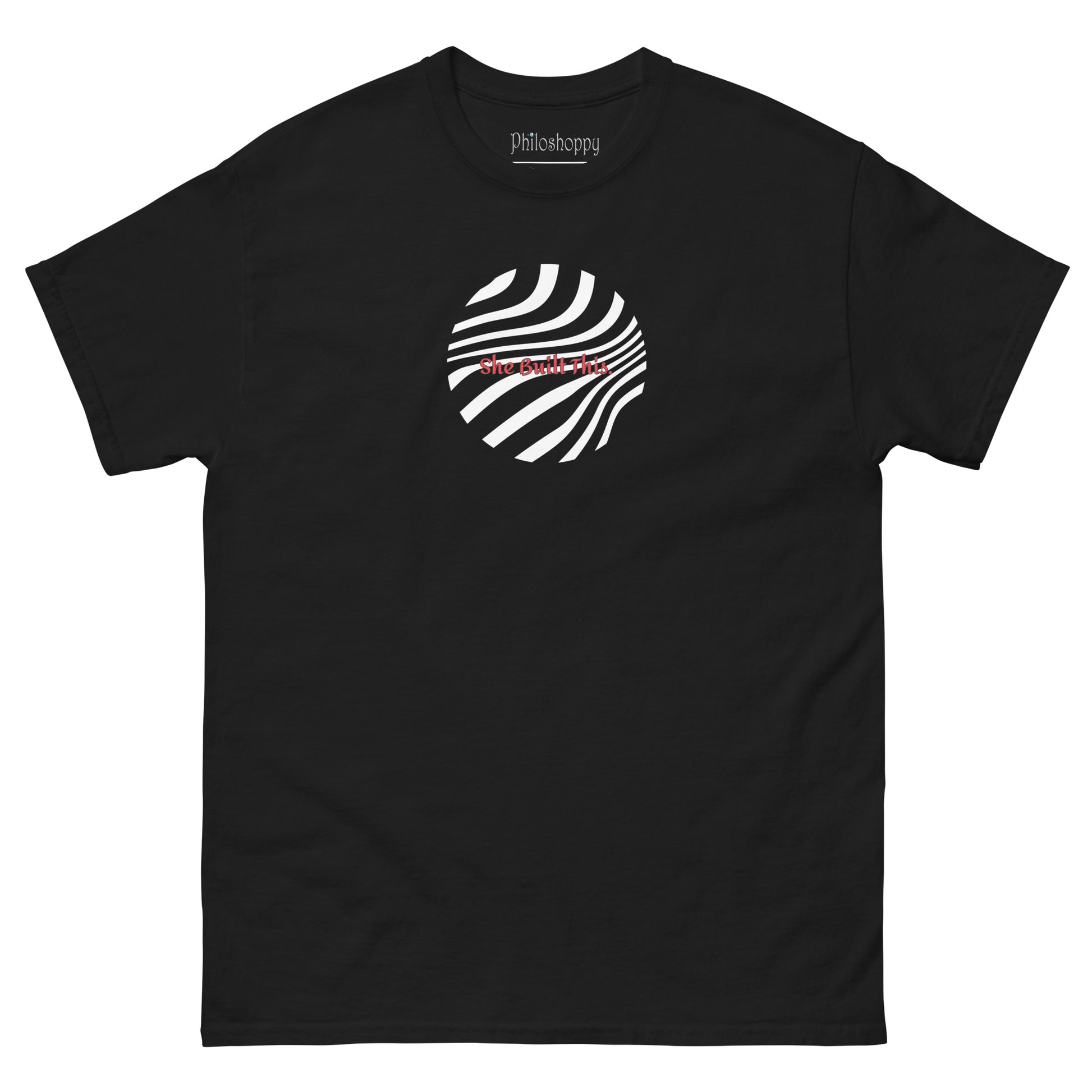 Front view of black unisex cotton T-shirt with minimal “She Built This” text design.