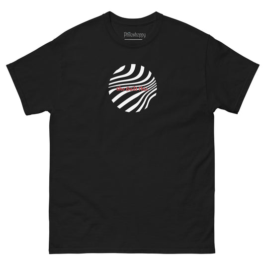 Front view of black unisex cotton T-shirt with minimal “She Built This” text design.