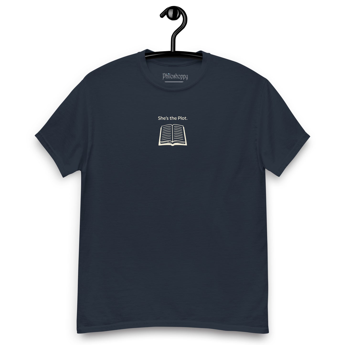 Front view of navy unisex cotton T-shirt with “She’s the Plot” text and book illustration.