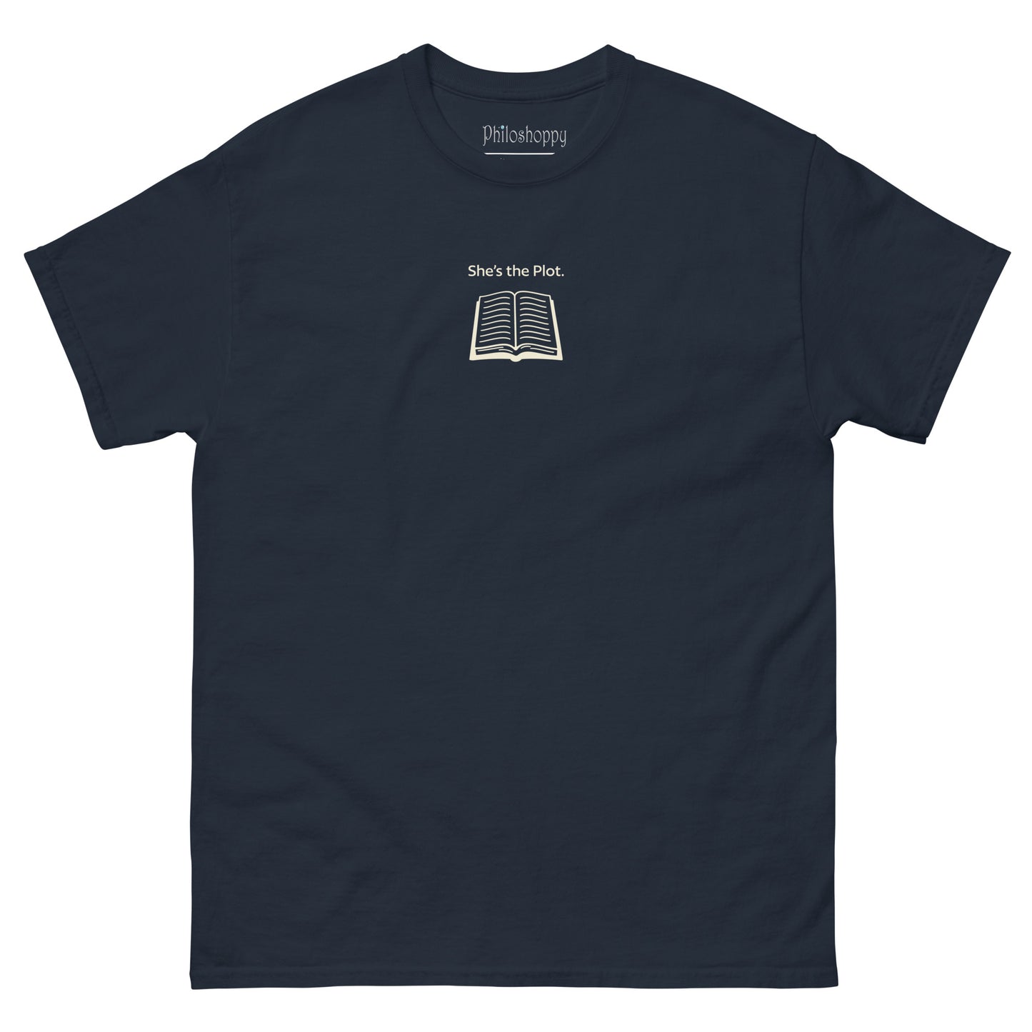 Front view of navy unisex cotton T-shirt with “She’s the Plot” text and book illustration.