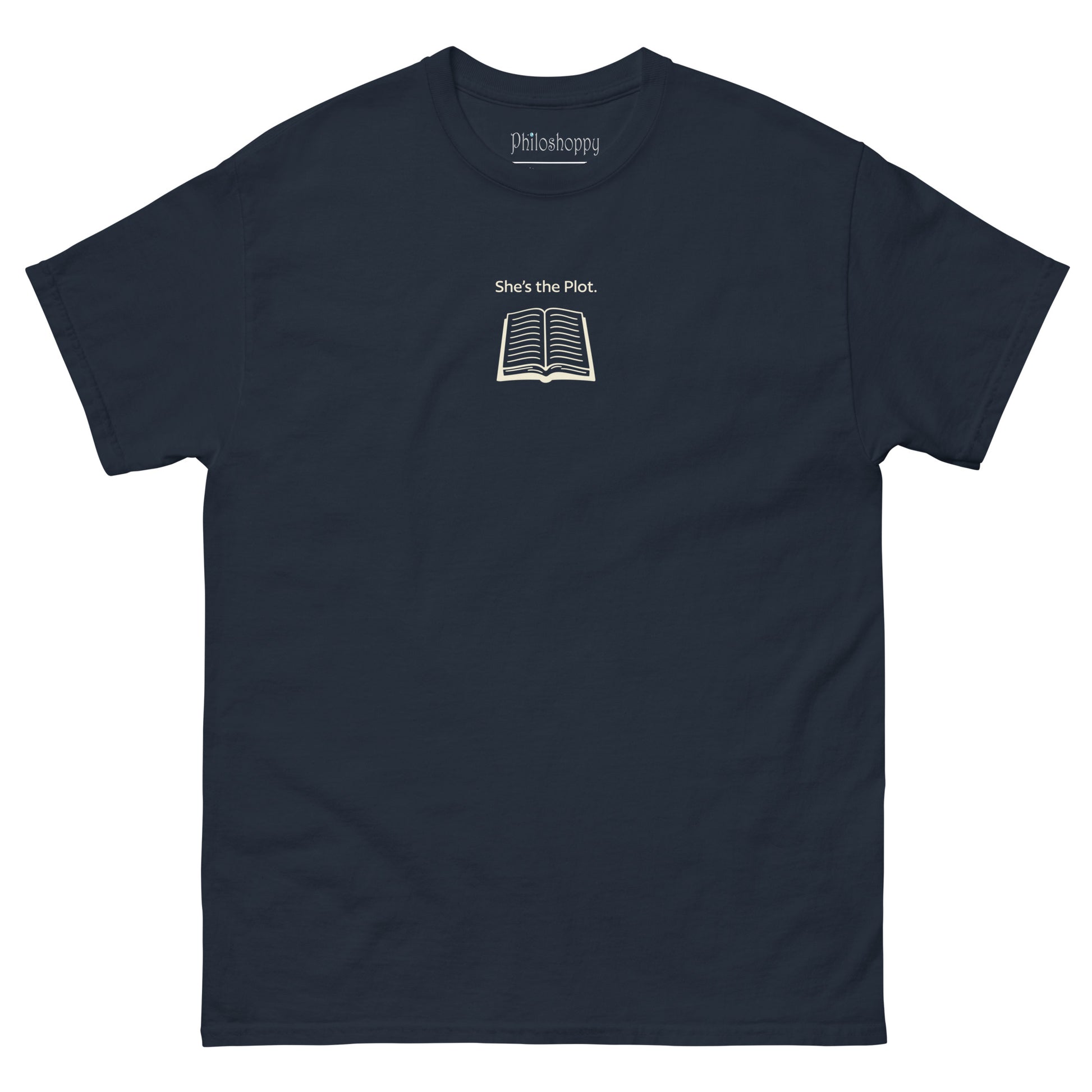 Front view of navy unisex cotton T-shirt with “She’s the Plot” text and book illustration.