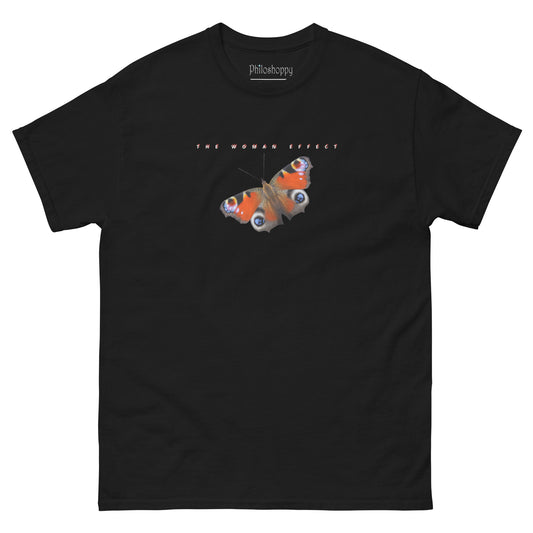 Front view of black unisex cotton T-shirt with “The Woman Effect” text and butterfly illustration.