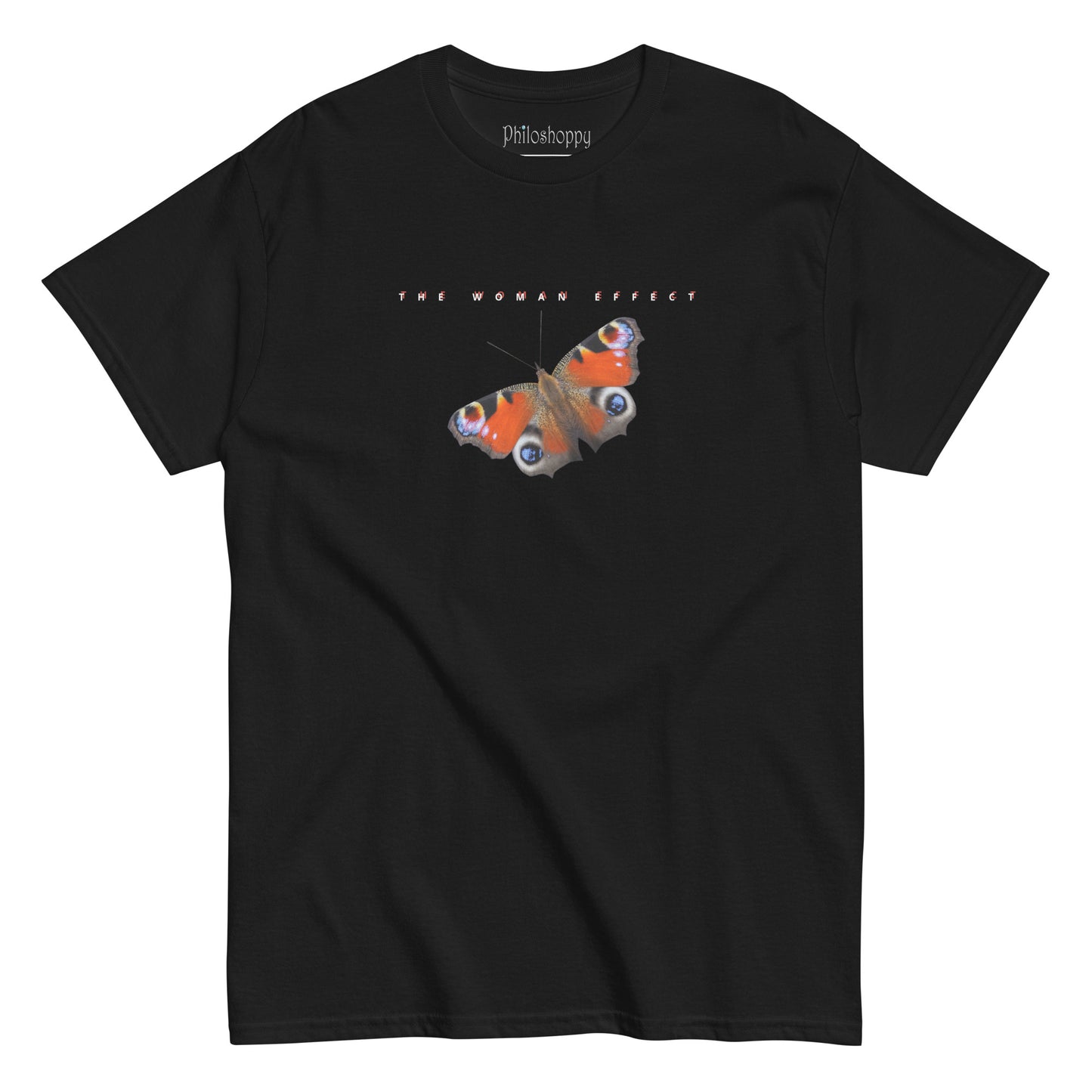 Front view of black unisex cotton T-shirt with “The Woman Effect” text and butterfly illustration.