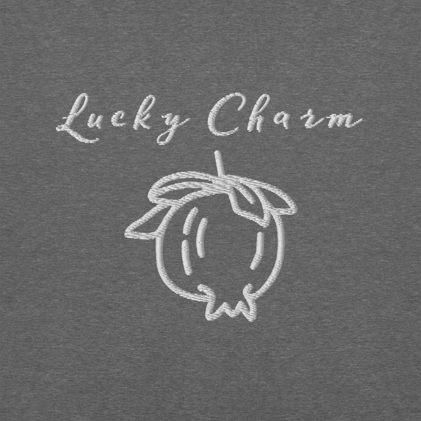 Grey embroidered sweatshirt with “Lucky Charm” and pomegranate motif, unisex design symbolizing abundance, positivity, and good fortune.