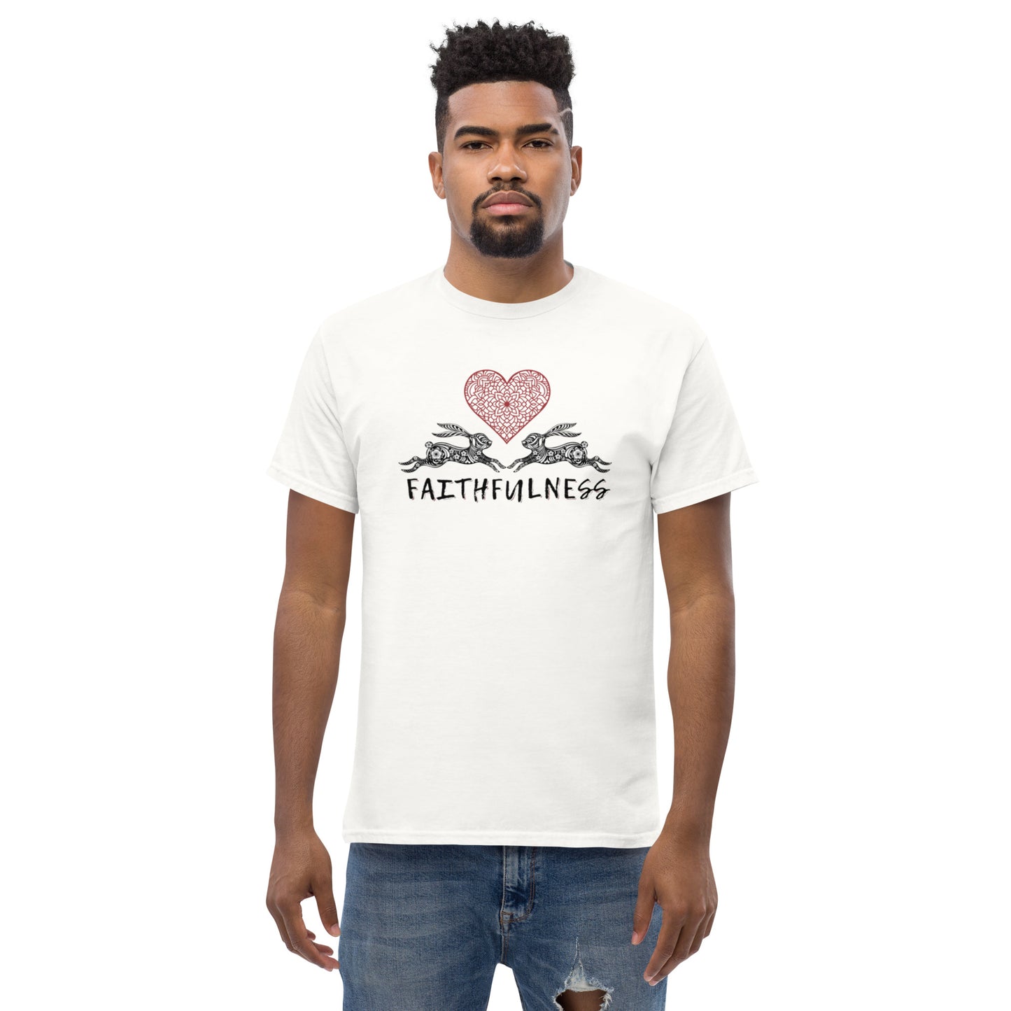 White cotton t-shirt with “Faithfulness” print featuring two rabbits and heart motif, unisex design symbolizing loyalty, connection, and devotion.