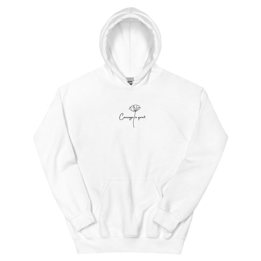 White unisex cotton hoodie with “Courage Is Quiet” embroidery, soft, cozy fabric with minimalist lettering and relaxed fit.