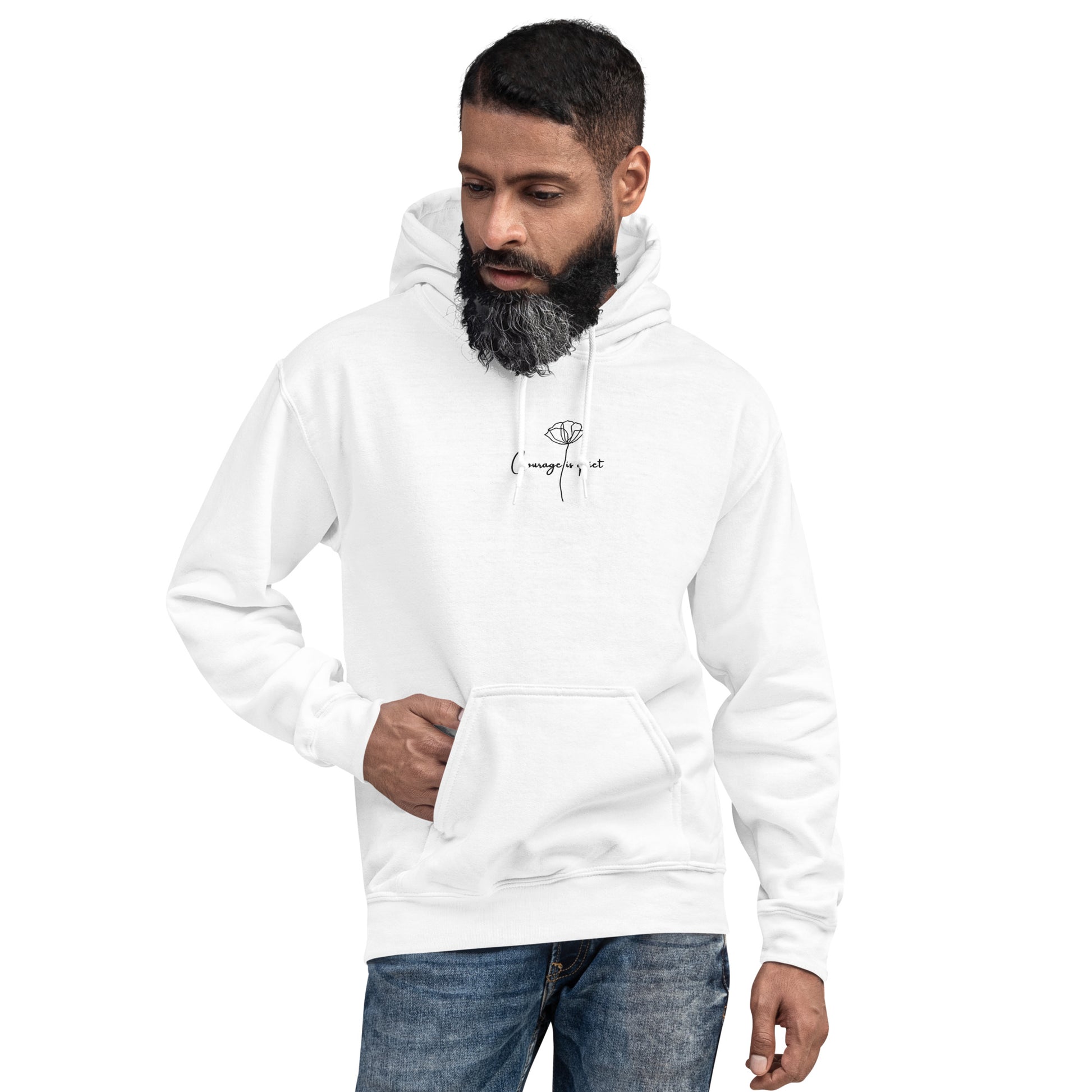 Relaxed white hoodie with “Courage Is Quiet” embroidered text, unisex design symbolizing inner strength, calm, and resilience.