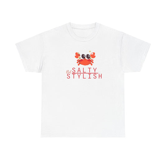 White cotton T-shirt from Philoshoppy featuring a modern crab illustration and the phrase 'salty & stylish', expressing confidence, beach personality, and playful fashion attitude.