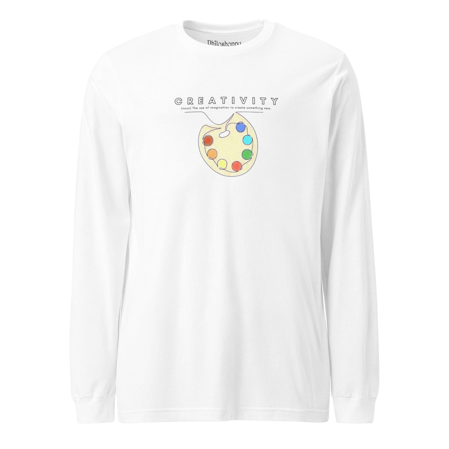 White cotton long-sleeve t-shirt featuring “Creativity (noun)” and a palette motif, a wearable reminder that imagination is a way of seeing the world anew every day.