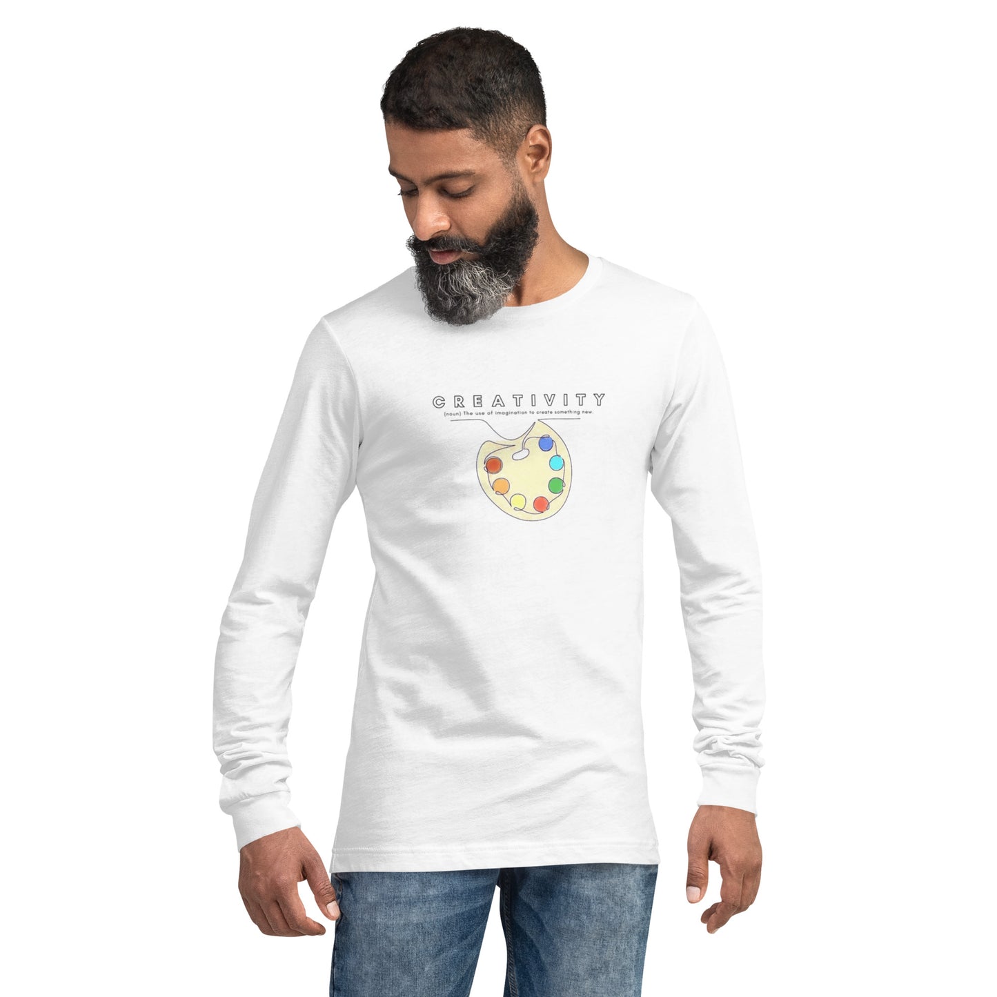 Mockup of White long-sleeve tee with “Creativity (noun)” print and palette illustration, unisex shirt celebrating imagination, curiosity, and expression.