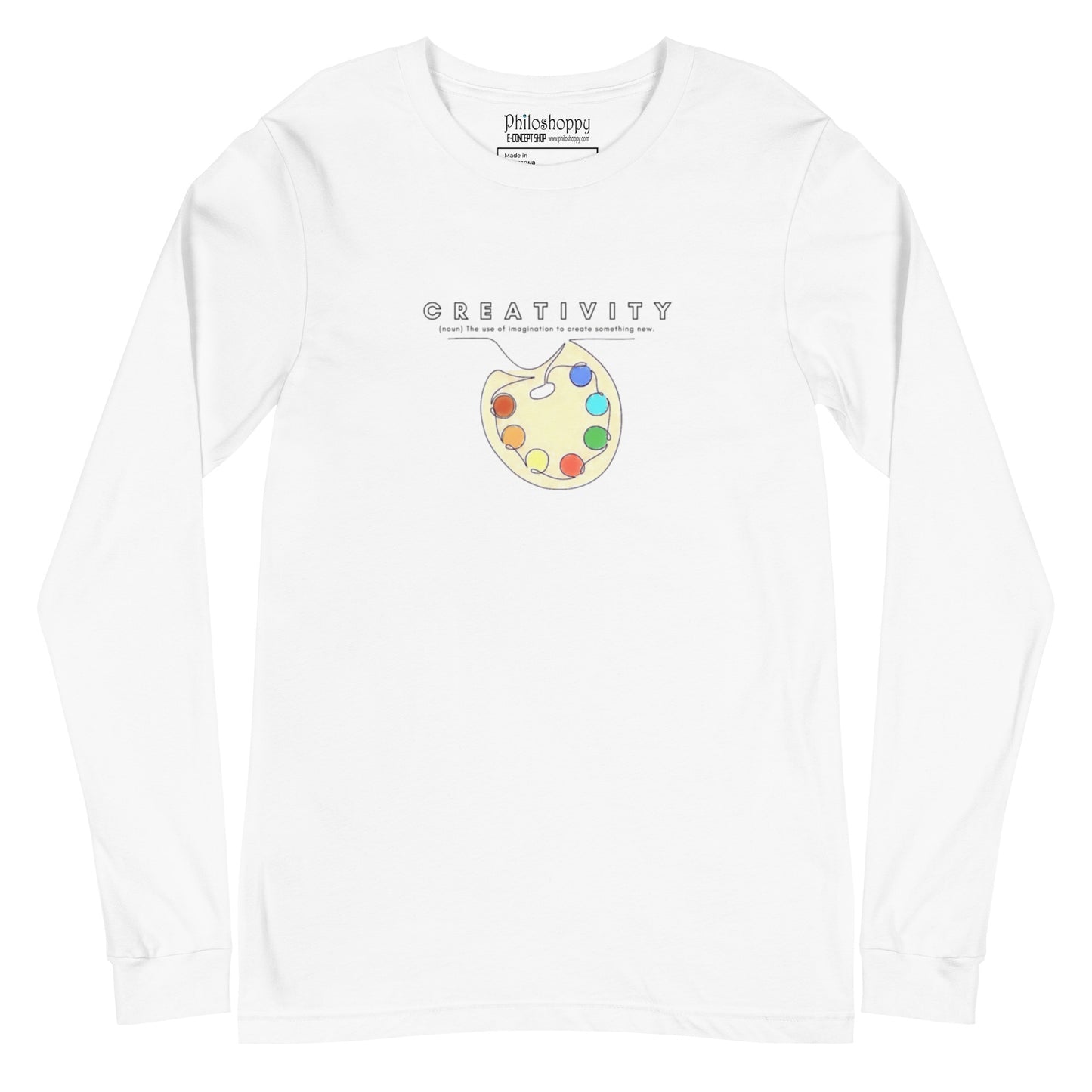 White cotton long-sleeve t-shirt featuring “Creativity (noun)” and a palette motif, a wearable reminder that imagination is a way of seeing the world anew every day.