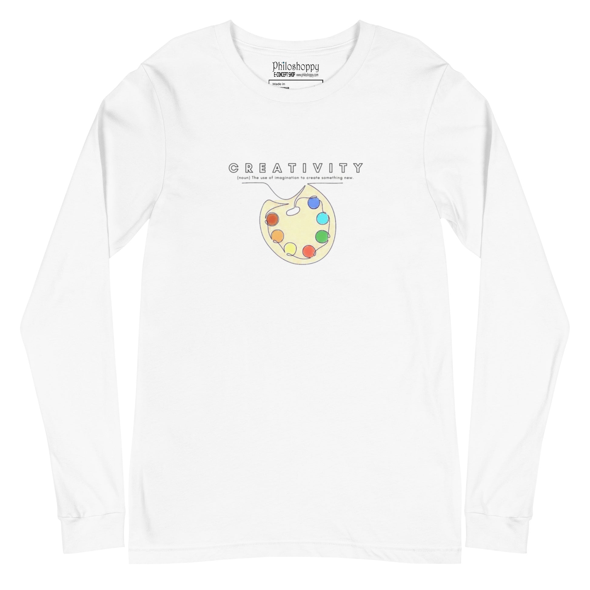 White cotton long-sleeve t-shirt featuring “Creativity (noun)” and a palette motif, a wearable reminder that imagination is a way of seeing the world anew every day.