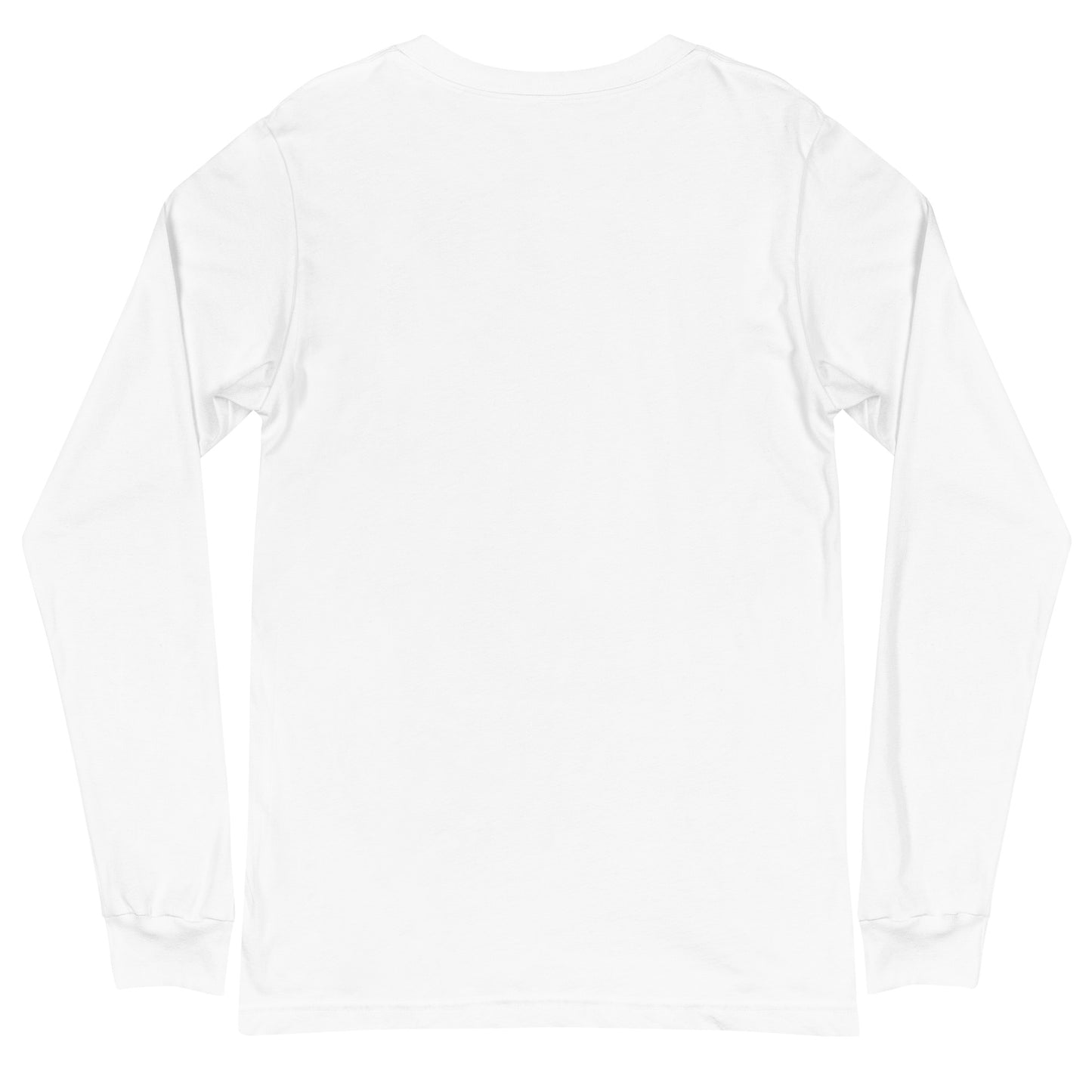 back of White unisex cotton long-sleeve t-shirt with “Creativity (noun)” text and colorful palette drawing, soft, breathable, minimalist design.