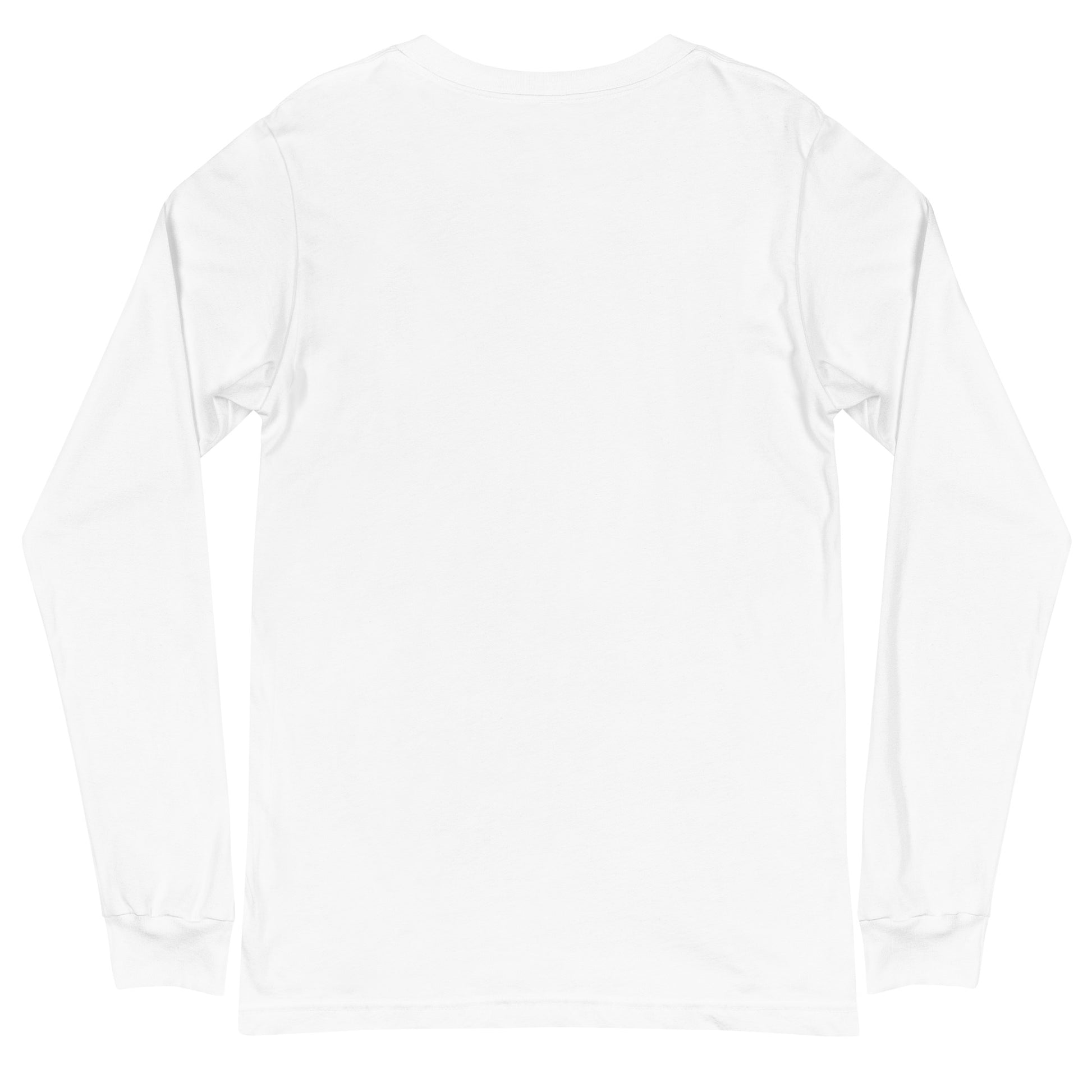 back of White unisex cotton long-sleeve t-shirt with “Creativity (noun)” text and colorful palette drawing, soft, breathable, minimalist design.