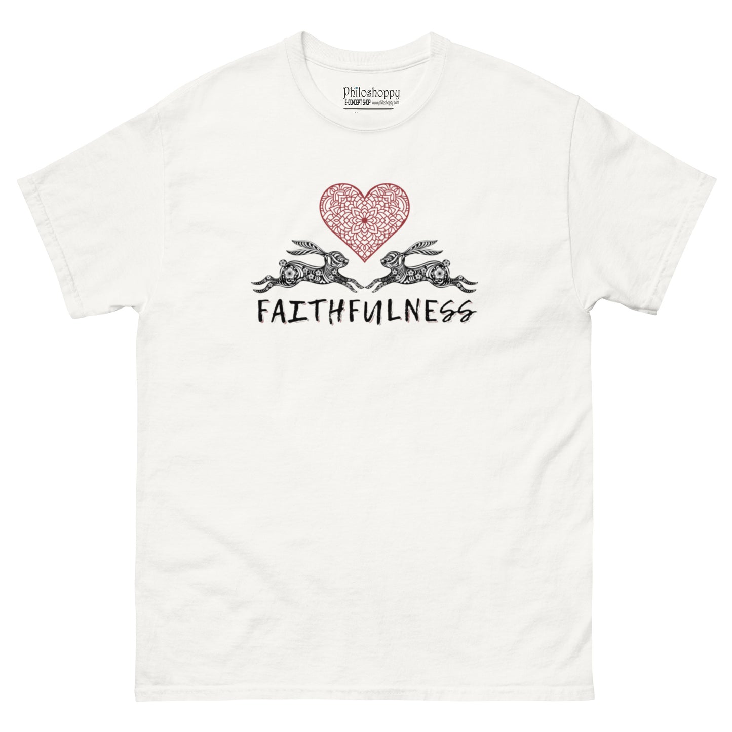White unisex cotton t-shirt featuring “Faithfulness” and a mandala-style design, a gentle reminder of love, trust, and the quiet strength of commitment.