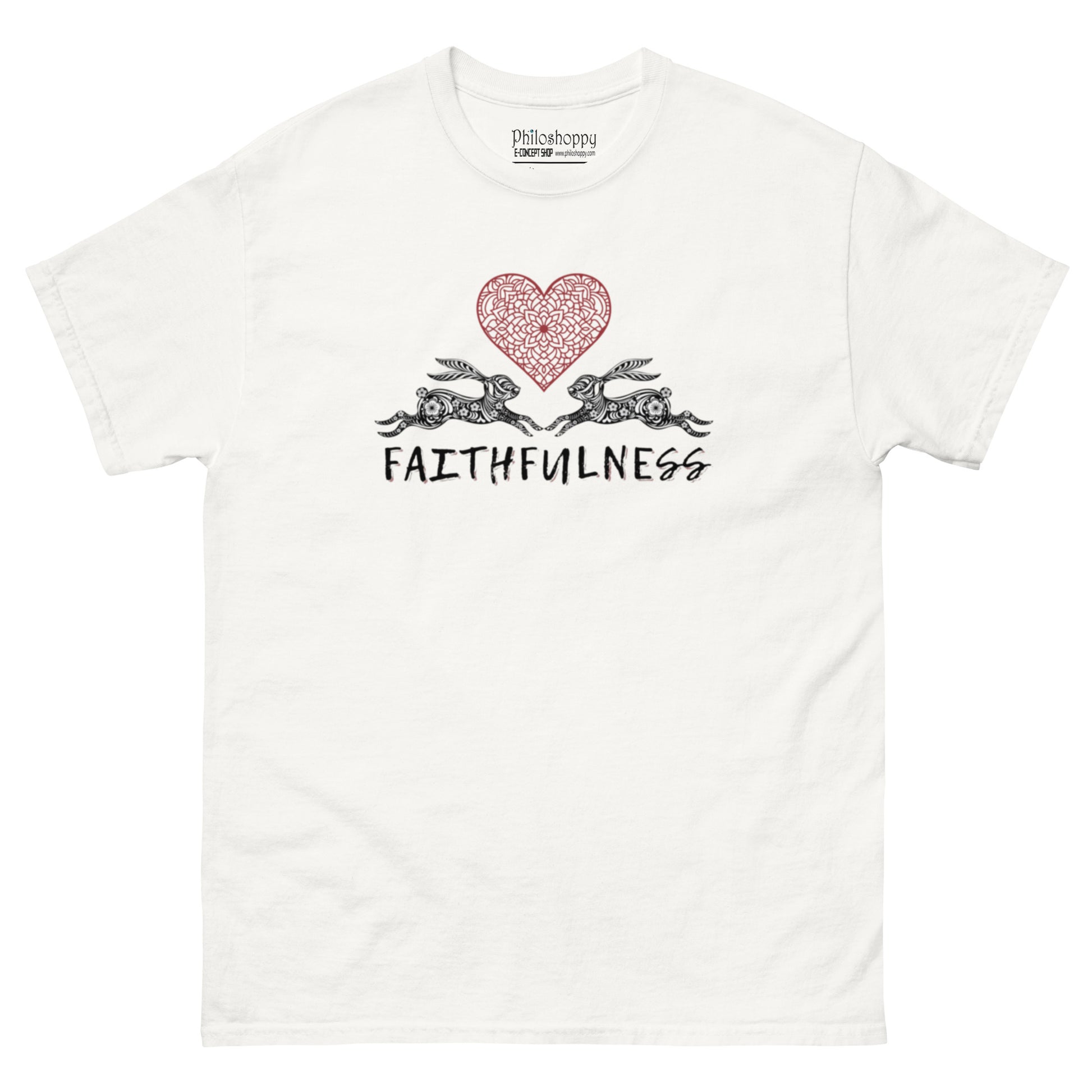 White unisex cotton t-shirt featuring “Faithfulness” and a mandala-style design, a gentle reminder of love, trust, and the quiet strength of commitment.
