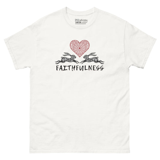 White unisex cotton t-shirt featuring “Faithfulness” and a mandala-style design, a gentle reminder of love, trust, and the quiet strength of commitment.