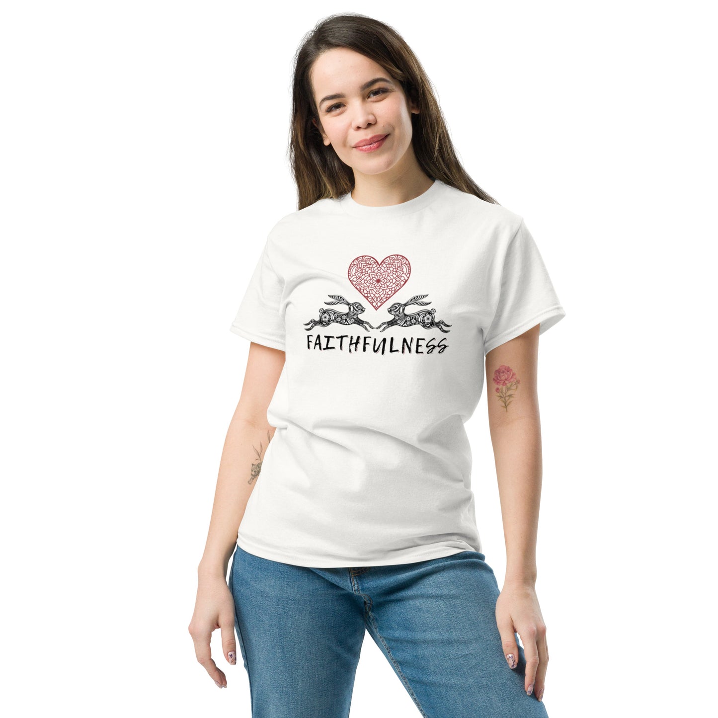 White cotton t-shirt with “Faithfulness” print featuring two rabbits and heart motif, unisex design symbolizing loyalty, connection, and devotion.