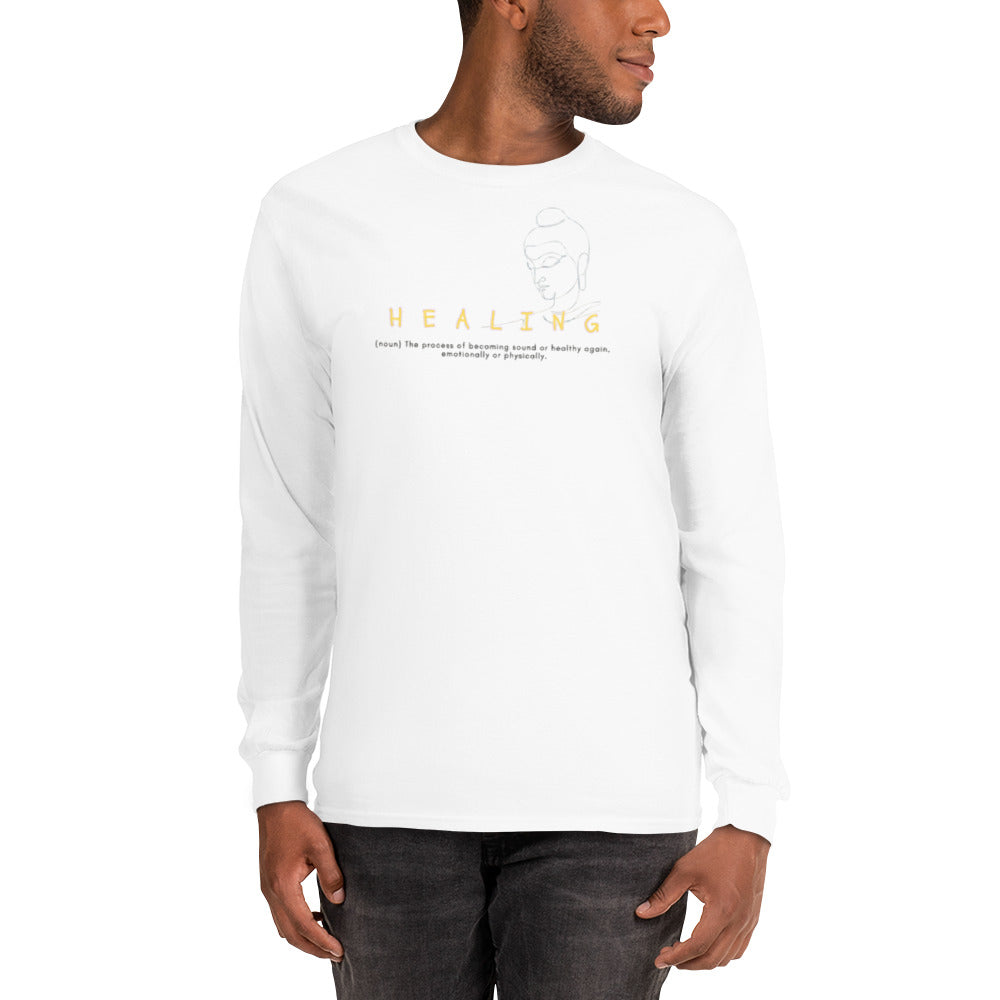 White long-sleeve tee with “Healing (noun)” definition print and Buddha illustration, unisex shirt symbolizing calm, renewal, and mindfulness.