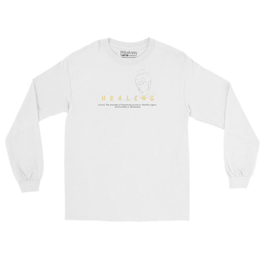 White unisex cotton long-sleeve t-shirt with “Healing (noun)” text and simple Buddha drawing, soft, breathable, minimalist design.