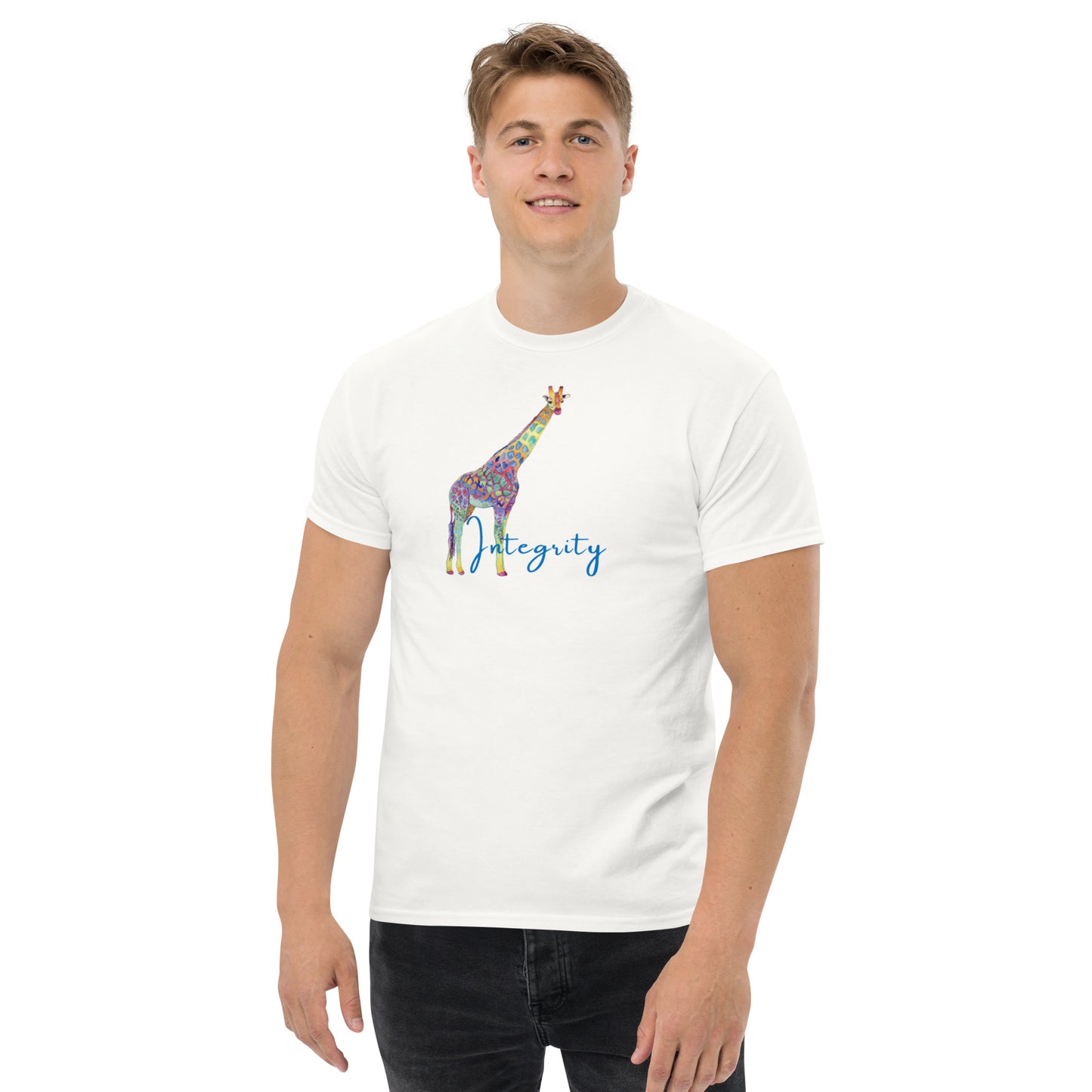White cotton t-shirt with “Integrity” print and bright giraffe illustration, unisex design symbolizing authenticity, honesty, and grace.