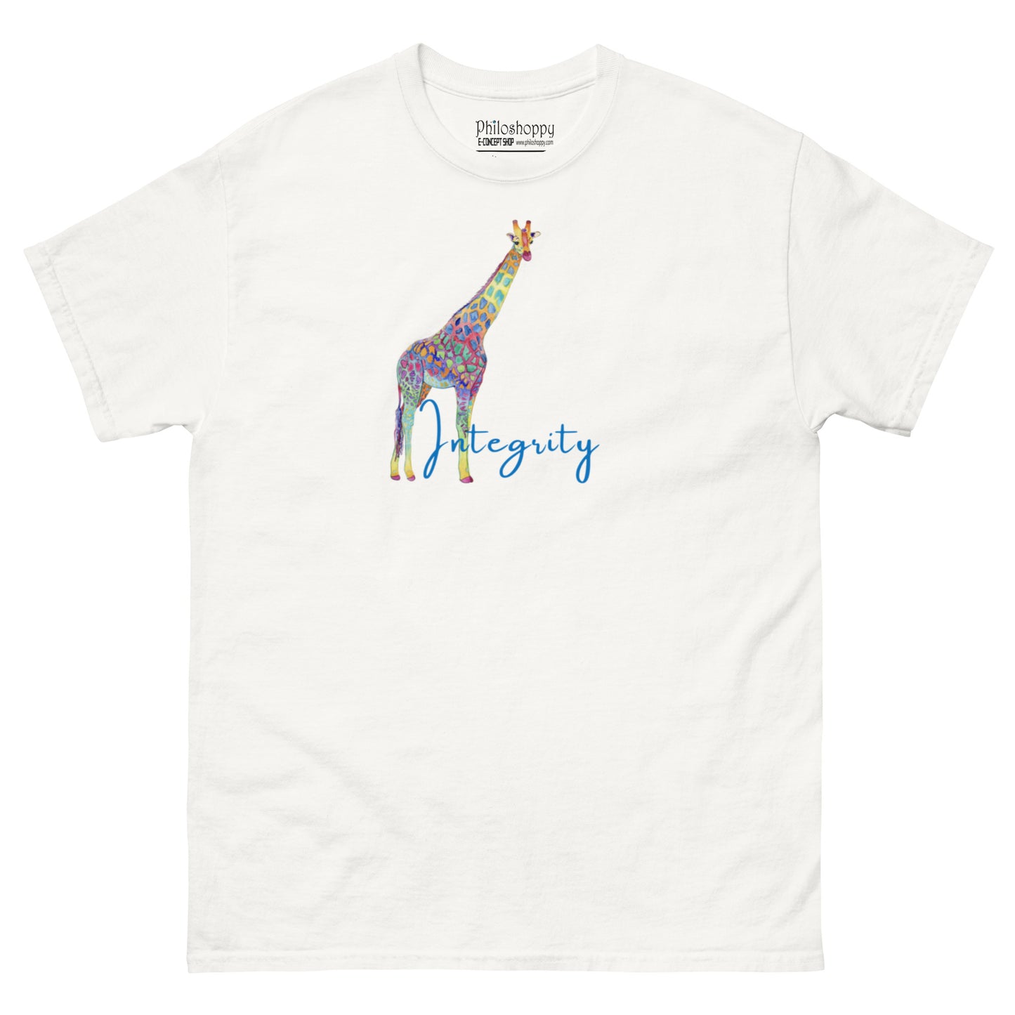 White unisex cotton t-shirt with “Integrity” text and colorful giraffe design, soft, breathable, minimalist fit.