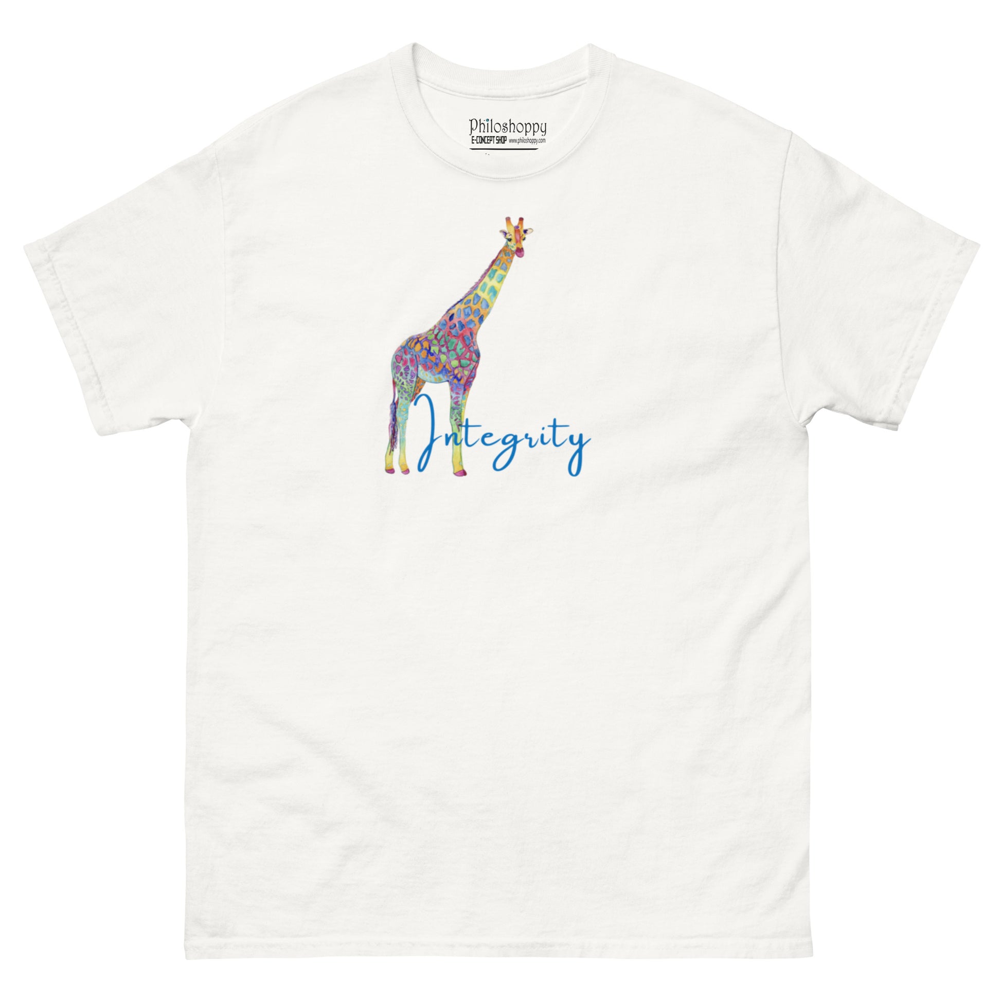 White unisex cotton t-shirt with “Integrity” text and colorful giraffe design, soft, breathable, minimalist fit.