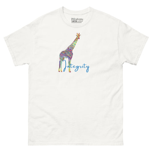 White unisex cotton t-shirt with “Integrity” text and colorful giraffe design, soft, breathable, minimalist fit.