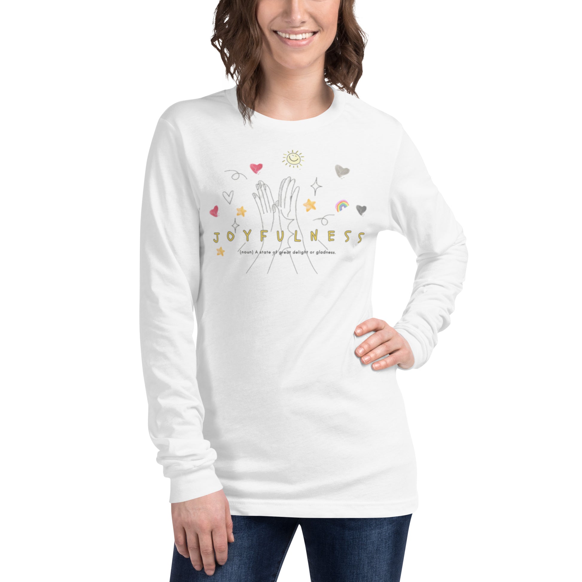 Playful white long-sleeve tee with “Joyfulness” print and happy doodles, unisex design symbolizing positivity, lightness, and ev
