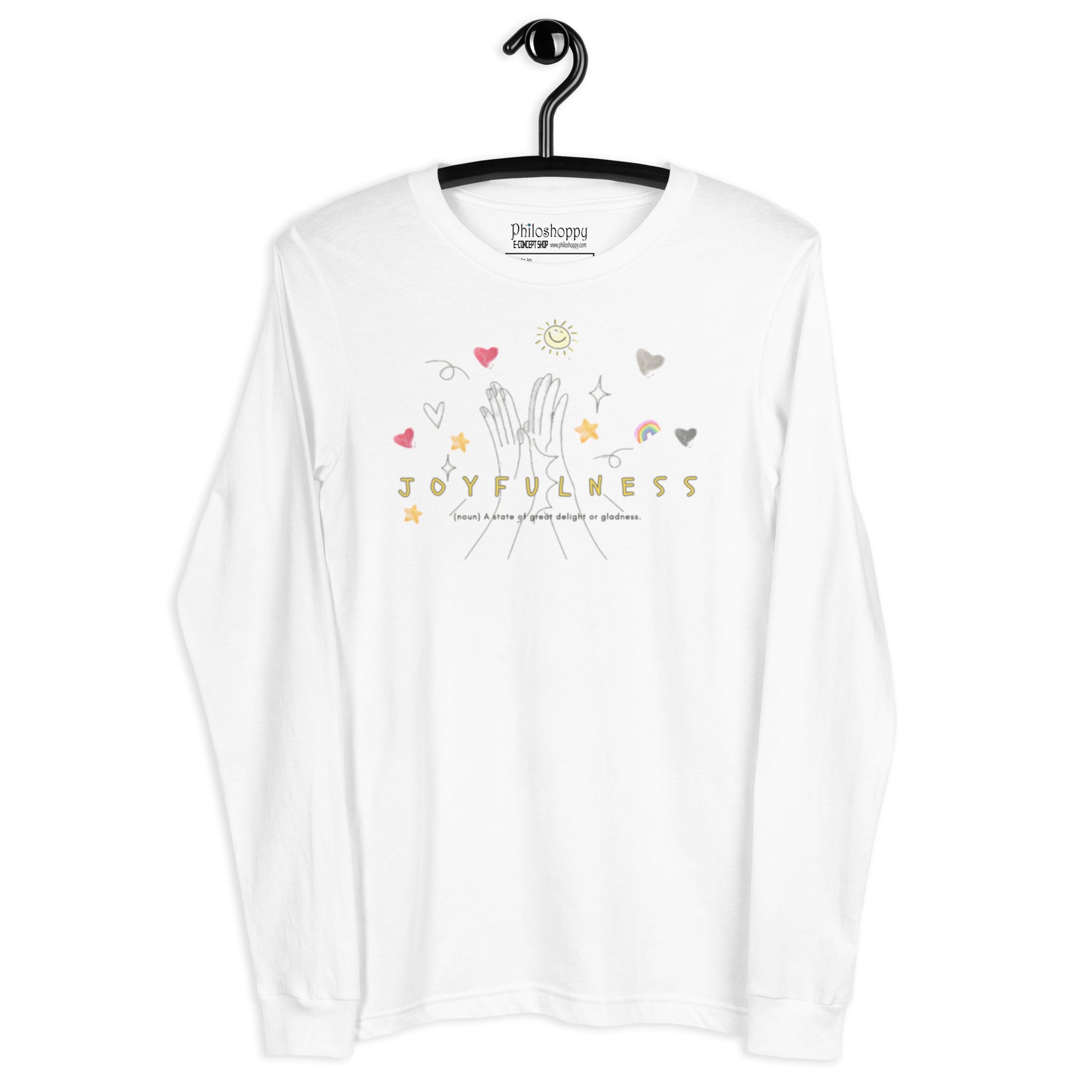 White cotton long-sleeve t-shirt featuring “Joyfulness (noun): a state of great delight or gladness”, a wearable definition of lightness and mindful appreciation.