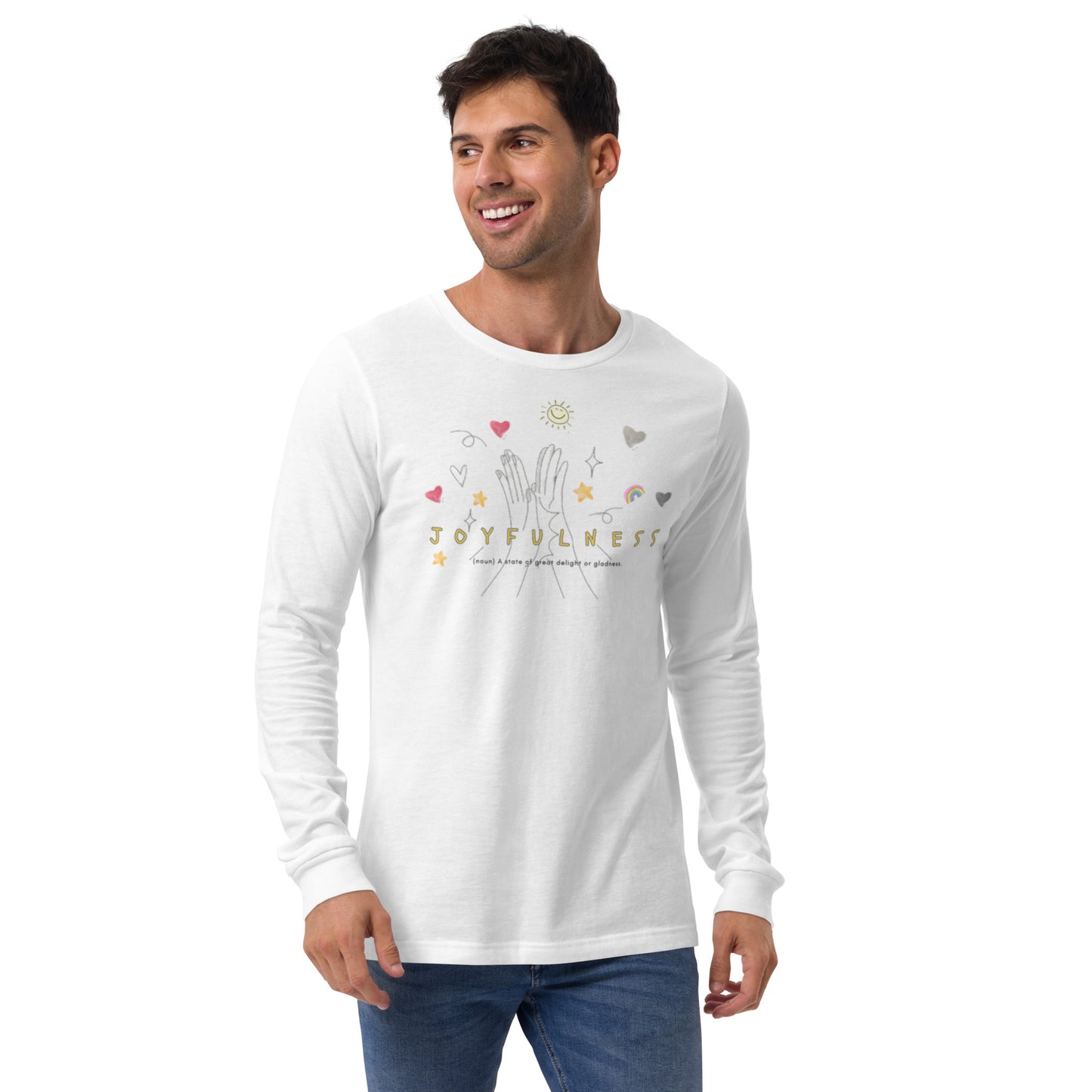 Playful white long-sleeve tee with “Joyfulness” print and happy doodles, unisex design symbolizing positivity, lightness, and everyday joy.