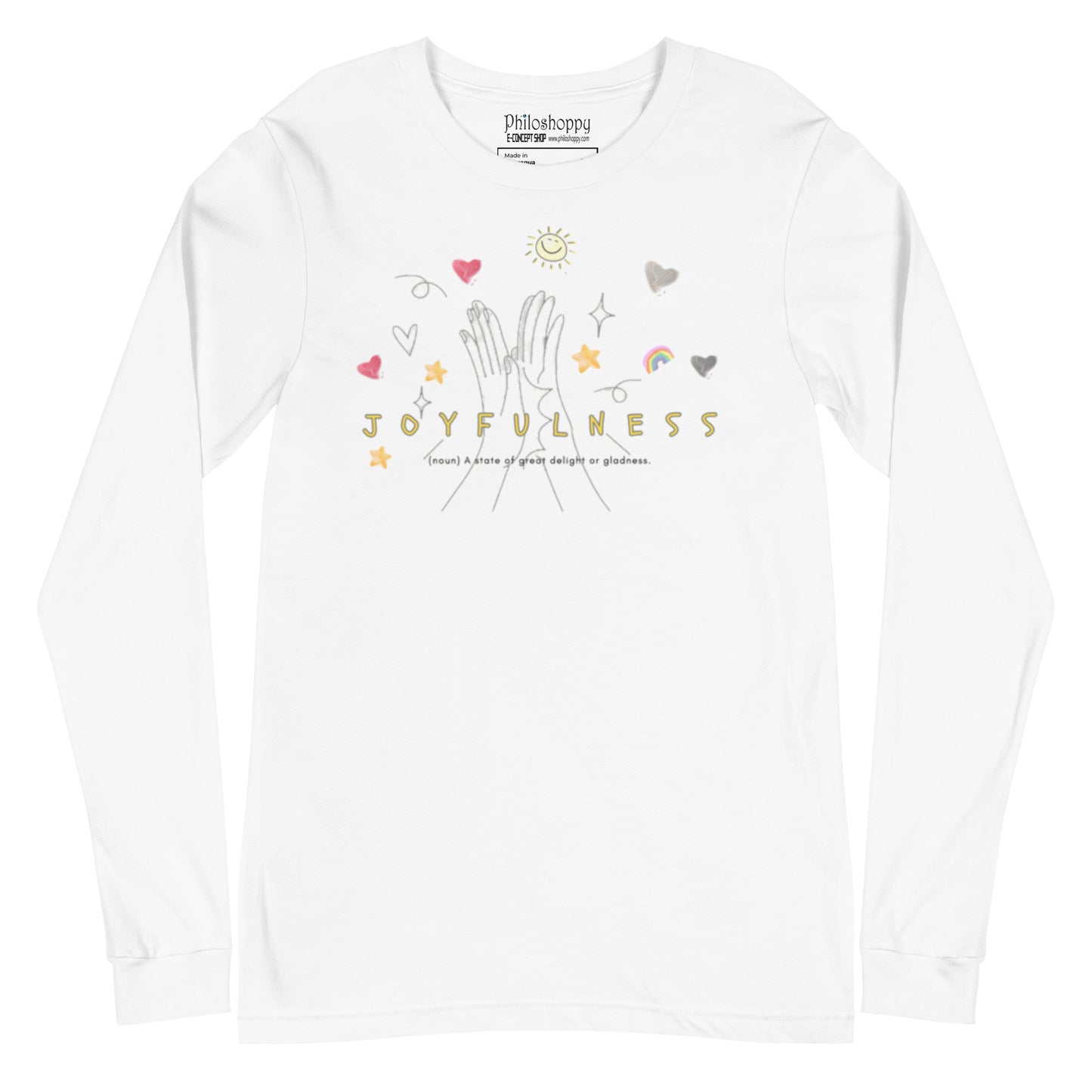 White unisex cotton long-sleeve t-shirt with “Joyfulness” text and small heart and star drawings,  soft, breathable, and minimalist.
