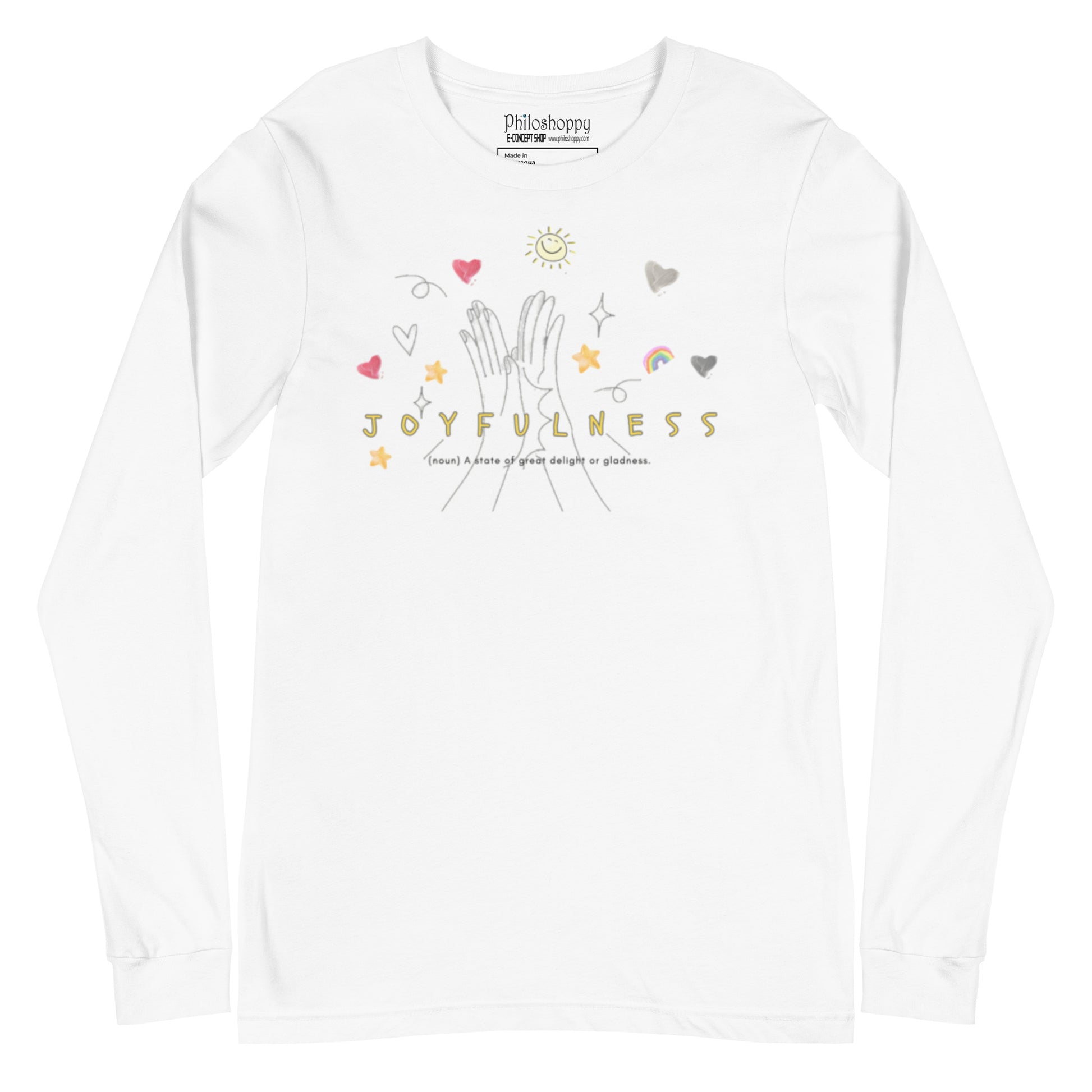 White unisex cotton long-sleeve t-shirt with “Joyfulness” text and small heart and star drawings,  soft, breathable, and minimalist.
