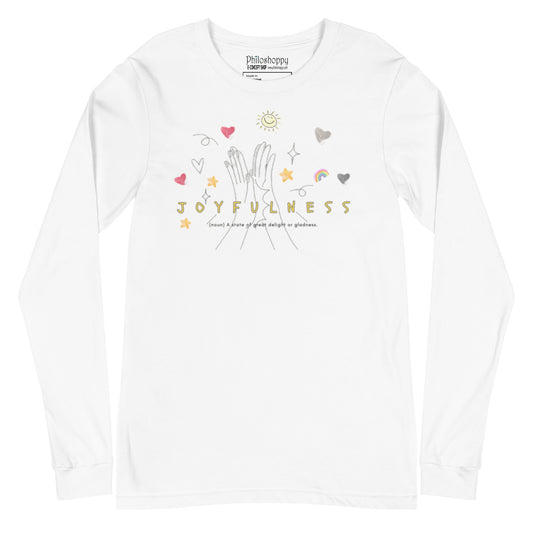 White unisex cotton long-sleeve t-shirt with “Joyfulness” text and small heart and star drawings,  soft, breathable, and minimalist.